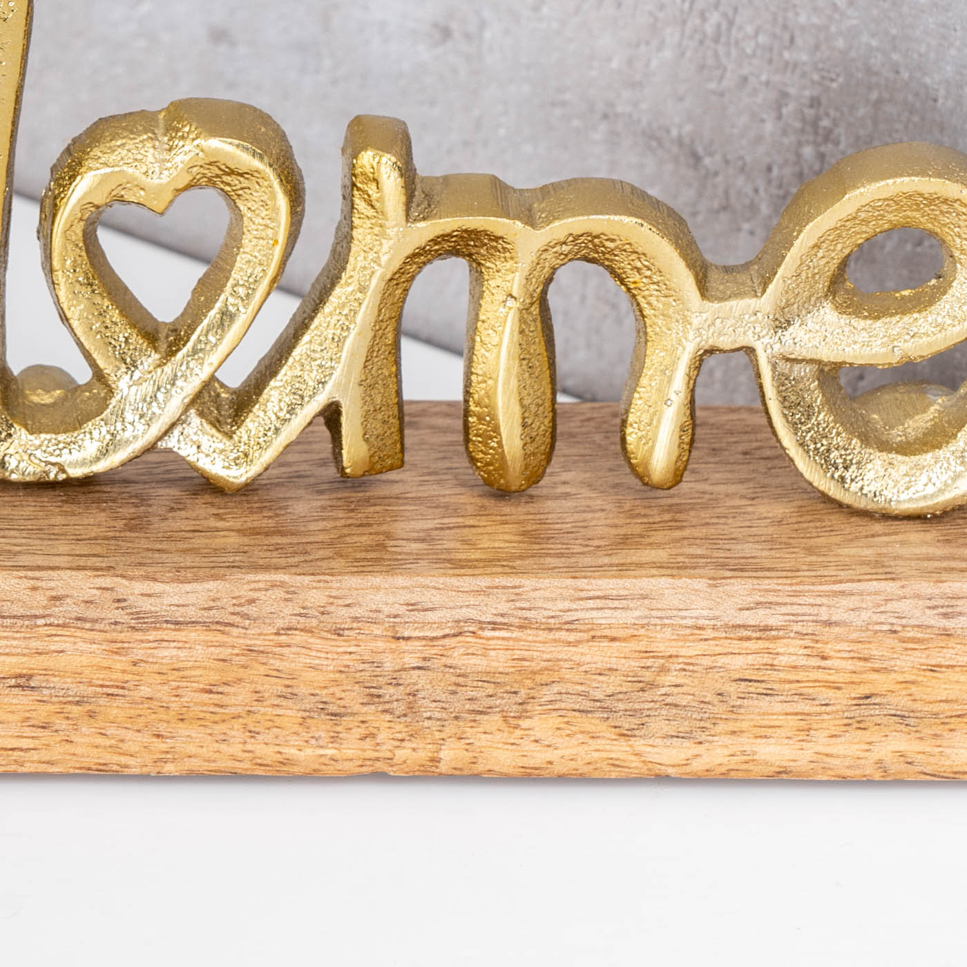 Aufsteller Home H11cm Schriftzug Gold Metall Holz Deko Mangoholz Tischdeko