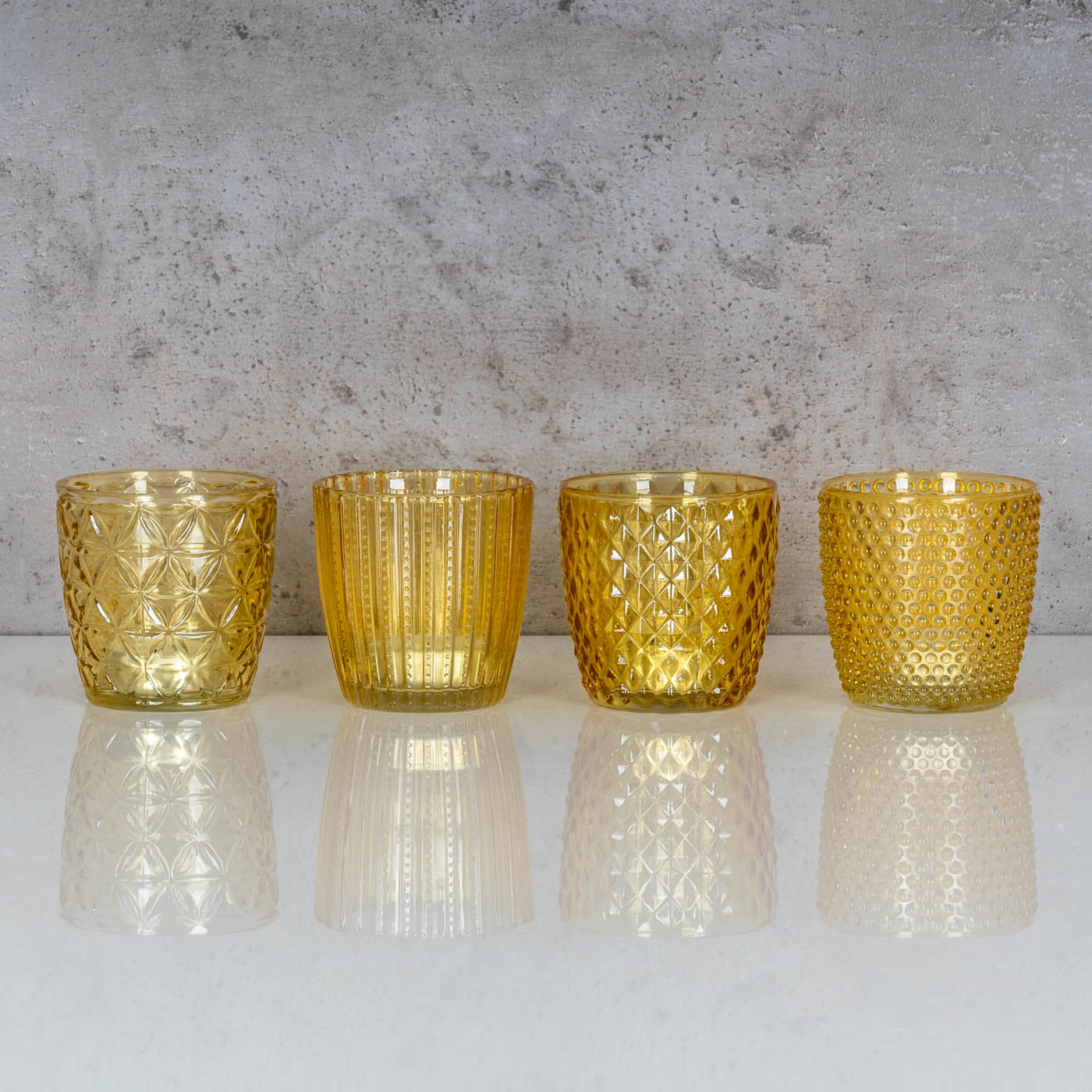 4er Set Windlicht H7,5cm Glas Gelb Teelichthalter Tischdeko Kerzen Retro Deko