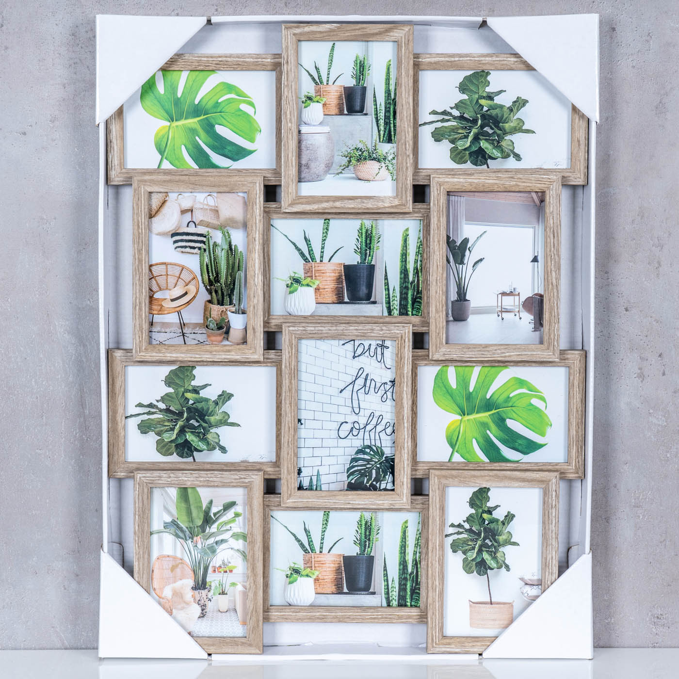 levandeo Bilderrahmen Collage 45x58cm 12 Fotos 10x15 Eiche gekälkt MDF Holz Glas