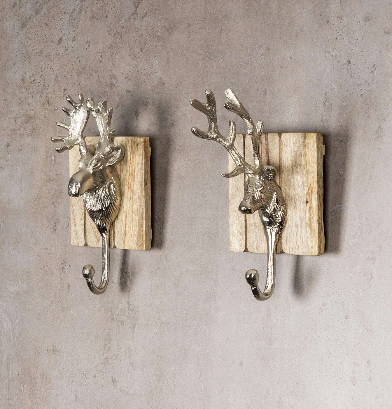 2er Set Wandhaken Hirsch 23x12 Edel-Holz Metall Garderobe Deko Wandgarderobe
