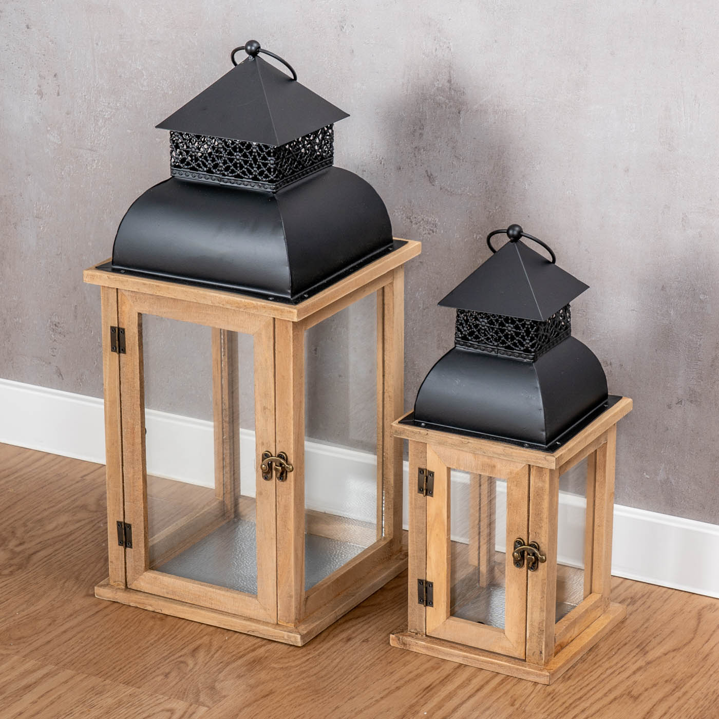 2er Set Laterne Braun Holz Metall Kerzenhalter Windlicht Gartendeko Holzlaterne