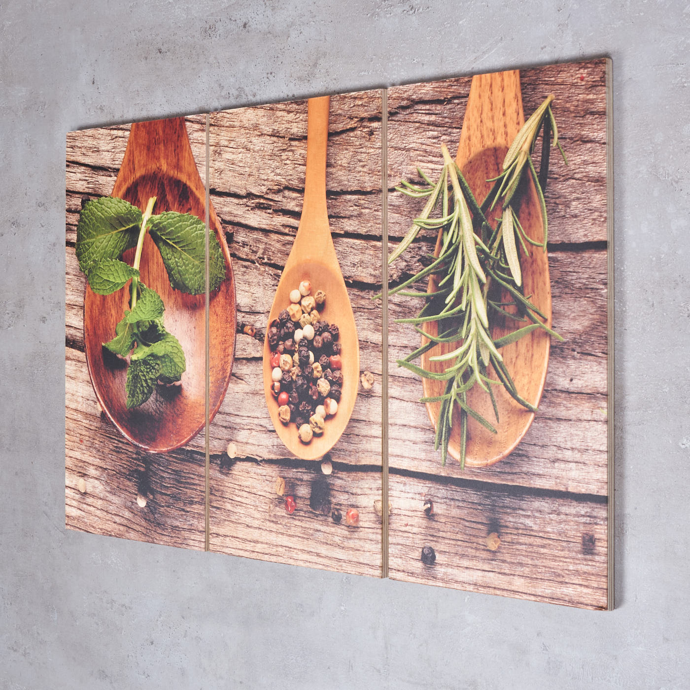3er Set Wandbild 60x40cm Holz Birkenholz Kräuter Gewürze Küche Holzbild Wanddeko