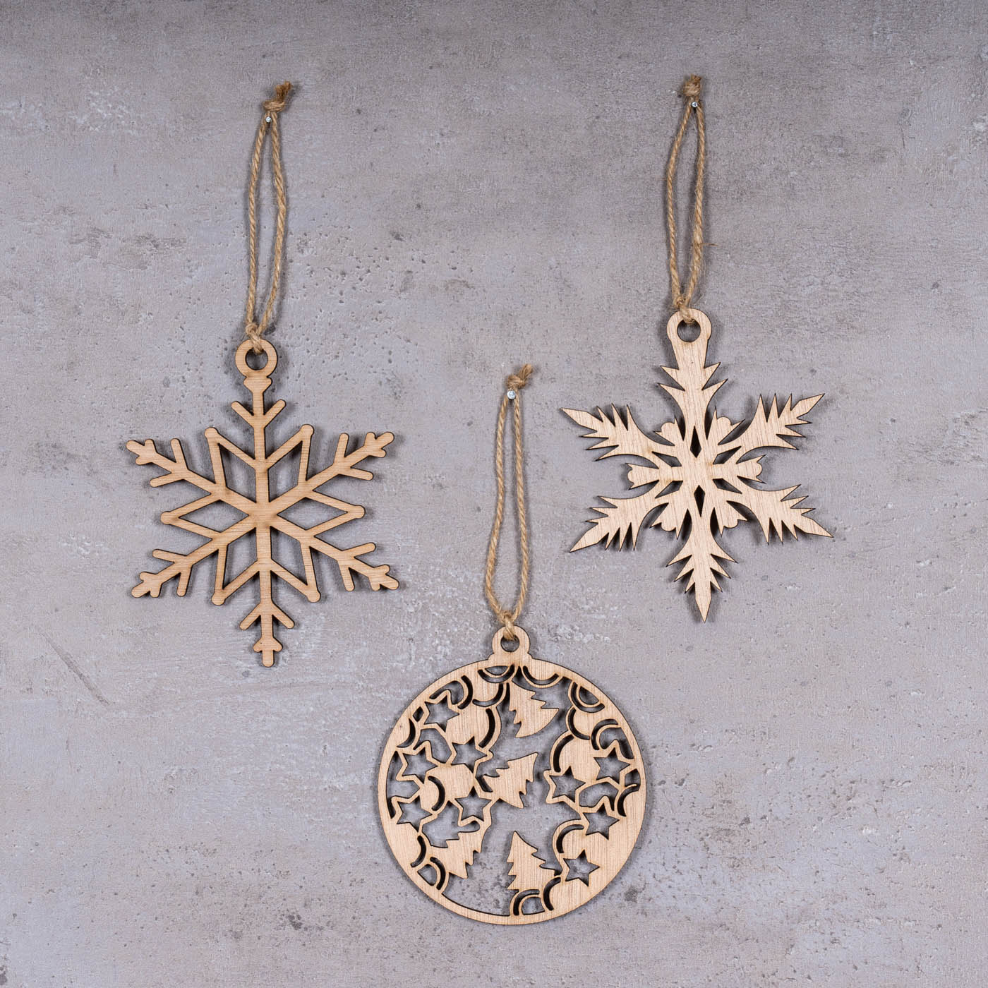 3er Set Deko-Anhänger Weihnachten Holz Birkenholz Eiskristall Kugel Baumschmuck