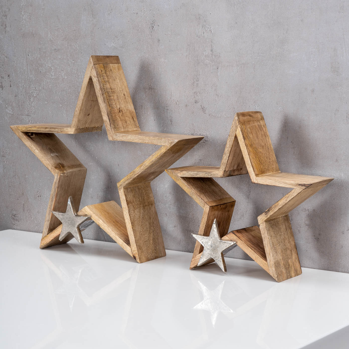 2er Set Sterne 25-33cm Mango Holz Natur Braun Silber Weihnachtsdeko Tischdeko
