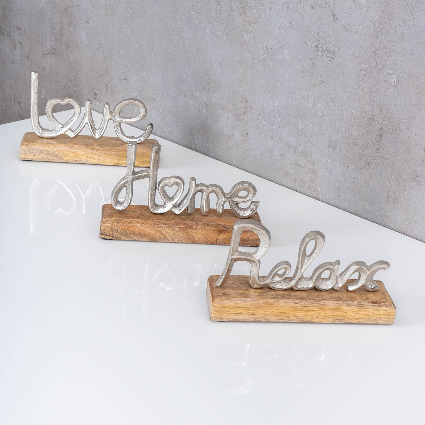 3er Set Schriftzug Love Home Relax Silber Mango Holz Metall Aufsteller Deko
