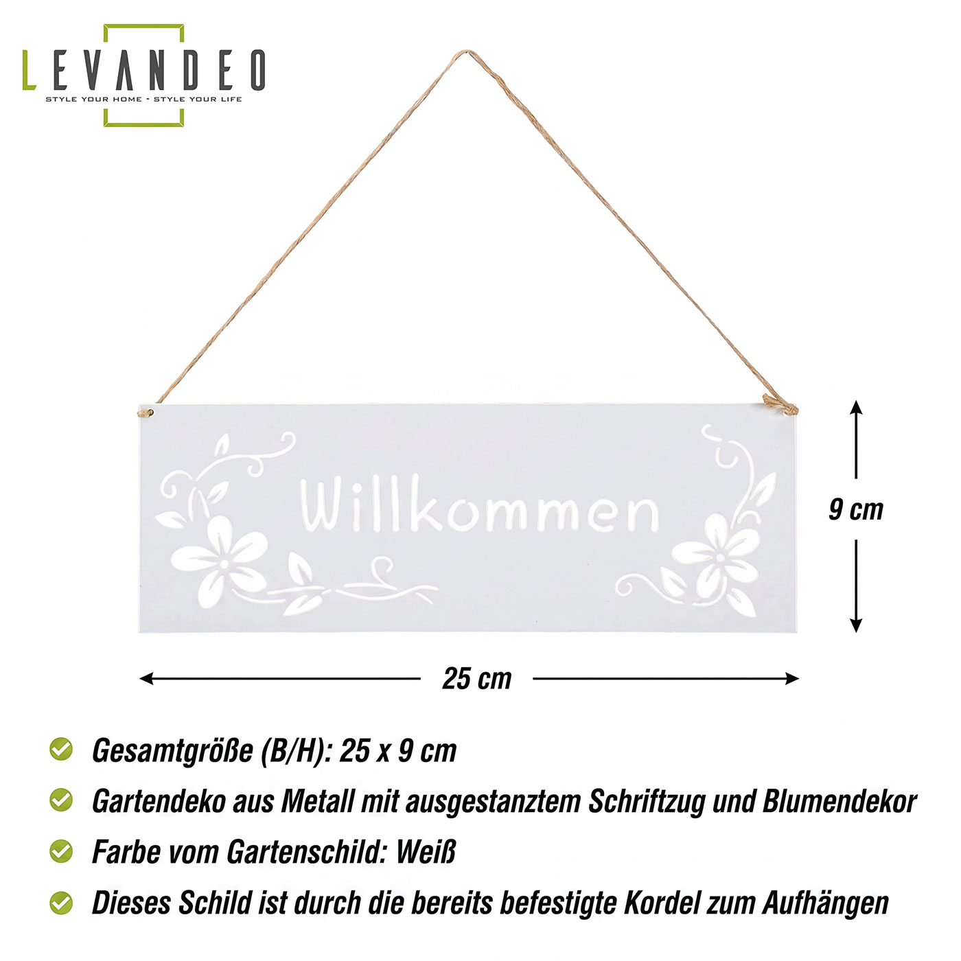 Türschild Willkommen Metall Weiß 25x9cm Hängedeko Gartenschild Gartendekoration