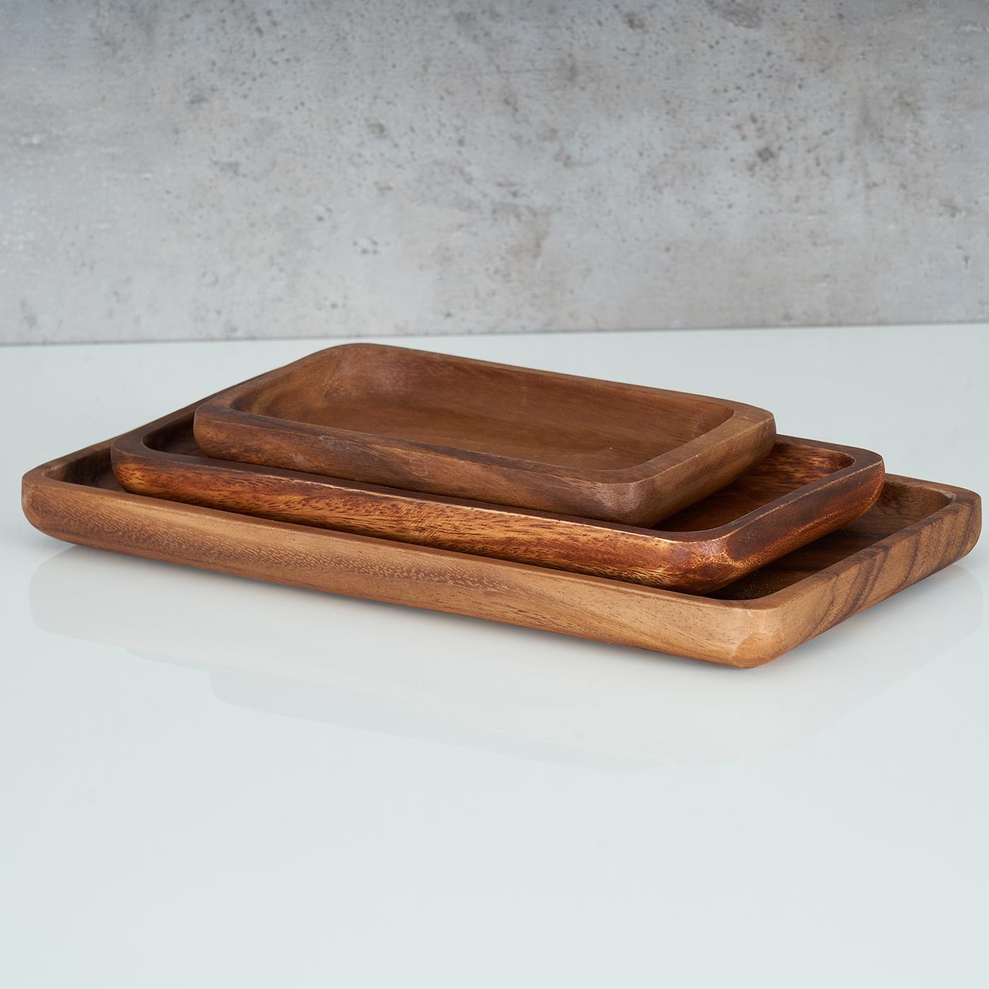 3er Set Tablett rechteckig Holz Akazienholz Holzschale Snackschale Natur Unikat