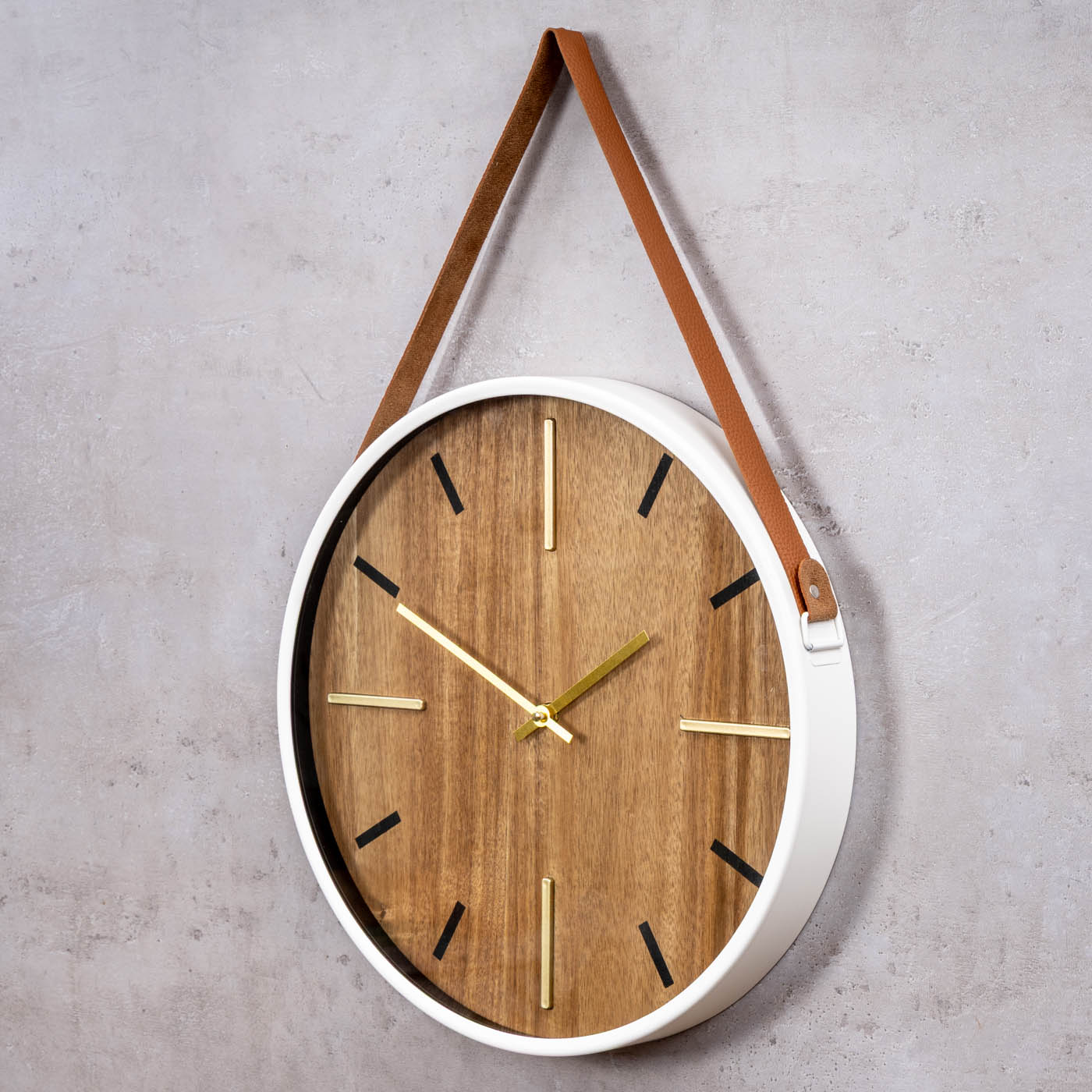 Wanduhr ⌀38cm Holzoptik Weiß Braun Gold Band zum Aufhängen Wanddeko Design Uhr