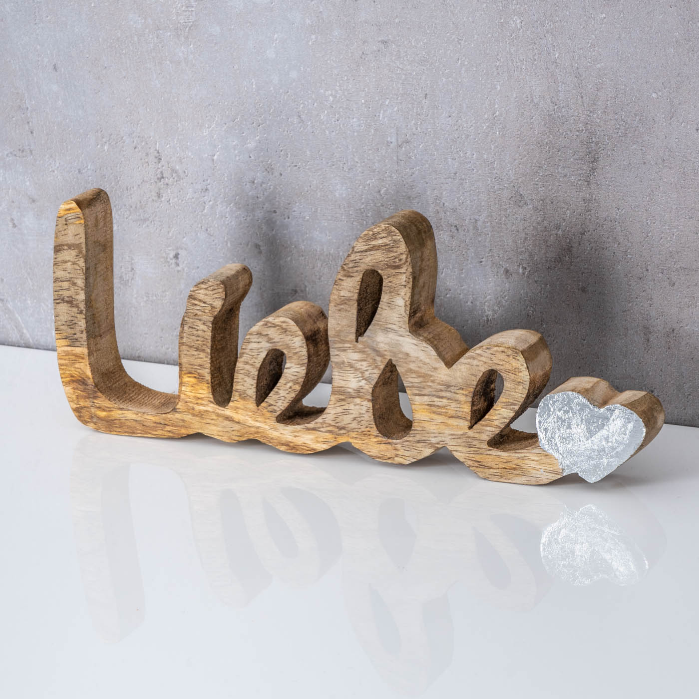 Schriftzug Liebe L26cm Mango Natur Silber Holz Buchstaben Tischdeko Deko Love