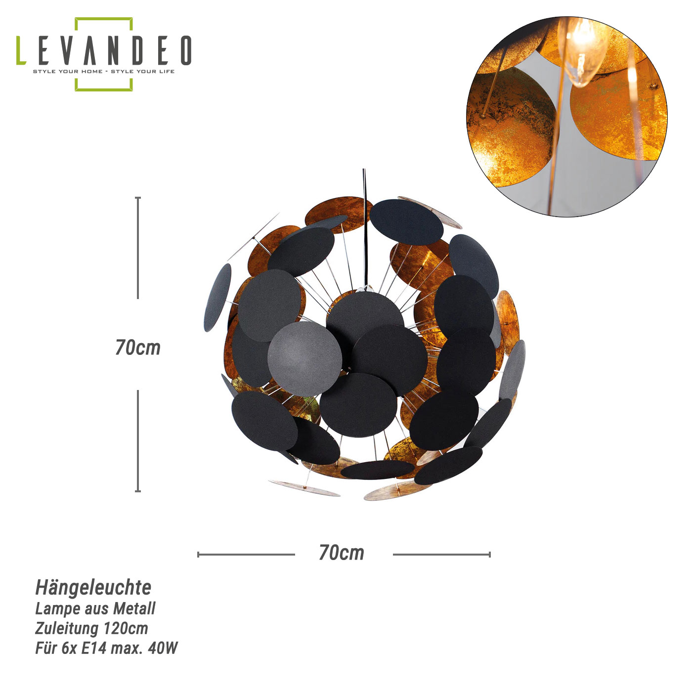 Leuchte Metall Schwarz Gold Design Deckenleuchte Ø 70cm E14 Deckenlampe Hängelampe