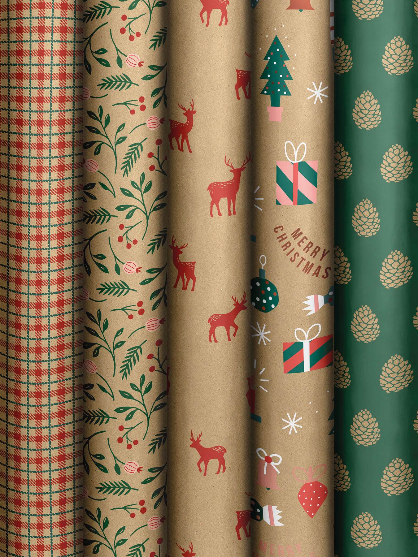 5er Set Premium Geschenkpapier 70x200cm Advent Weihnachten Natur Nachhaltig FSC