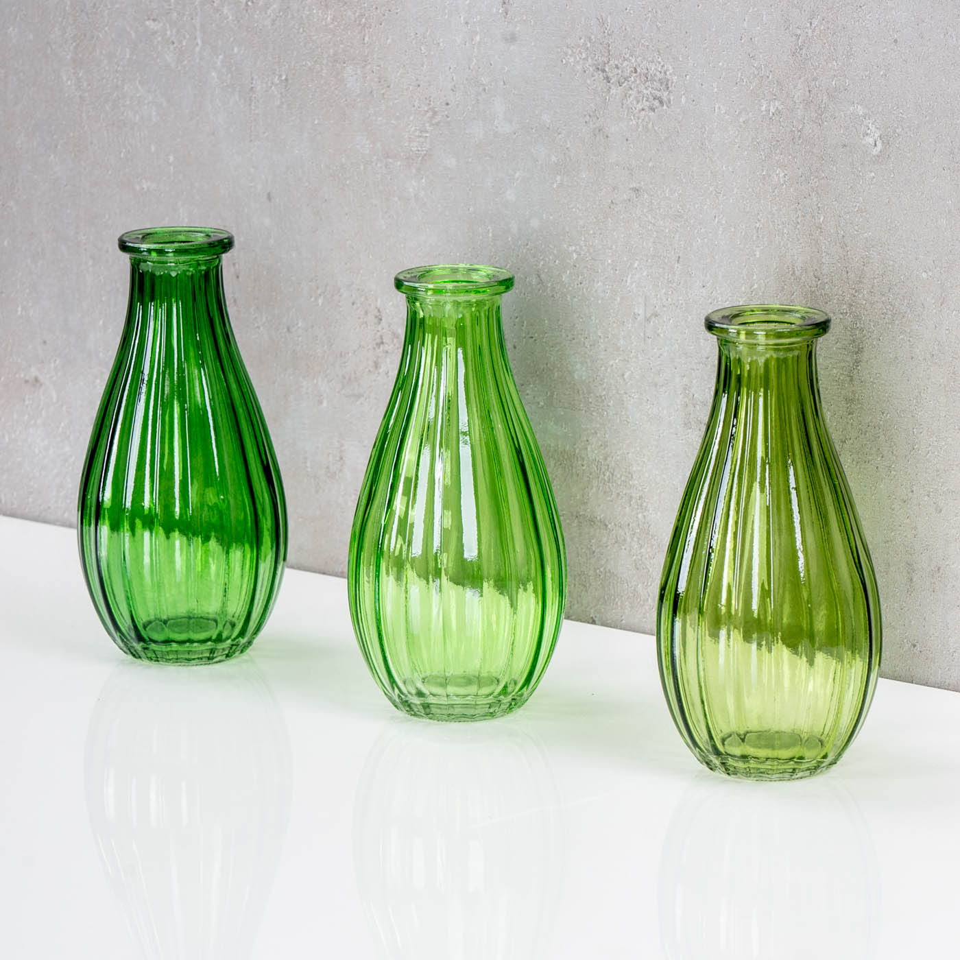 3er Set Vase Glas Grün H14cm Flasche Blumenvase Tischdeko Frühling Blumendeko Deko