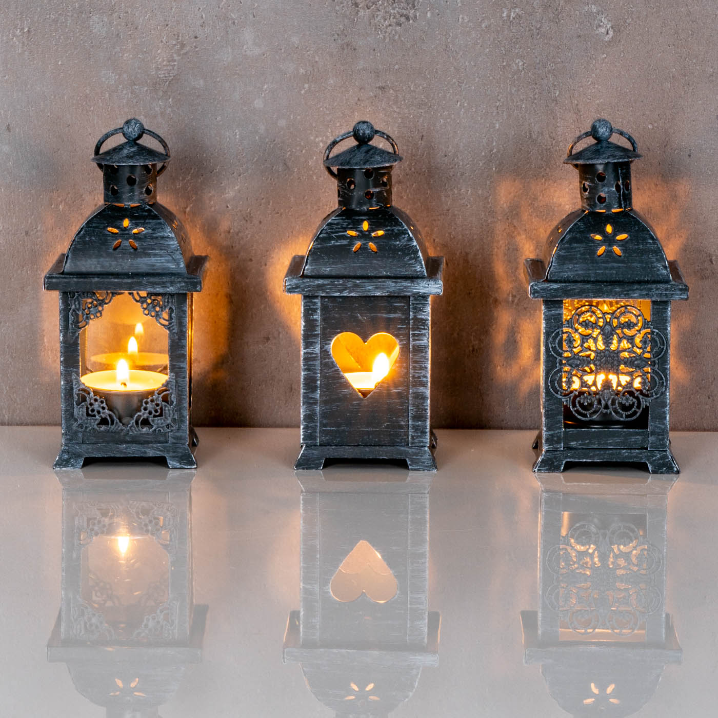 3er Set Laternen H14cm Grau Metall Shabby Chic Teelichthalter Tischdeko Outdoor