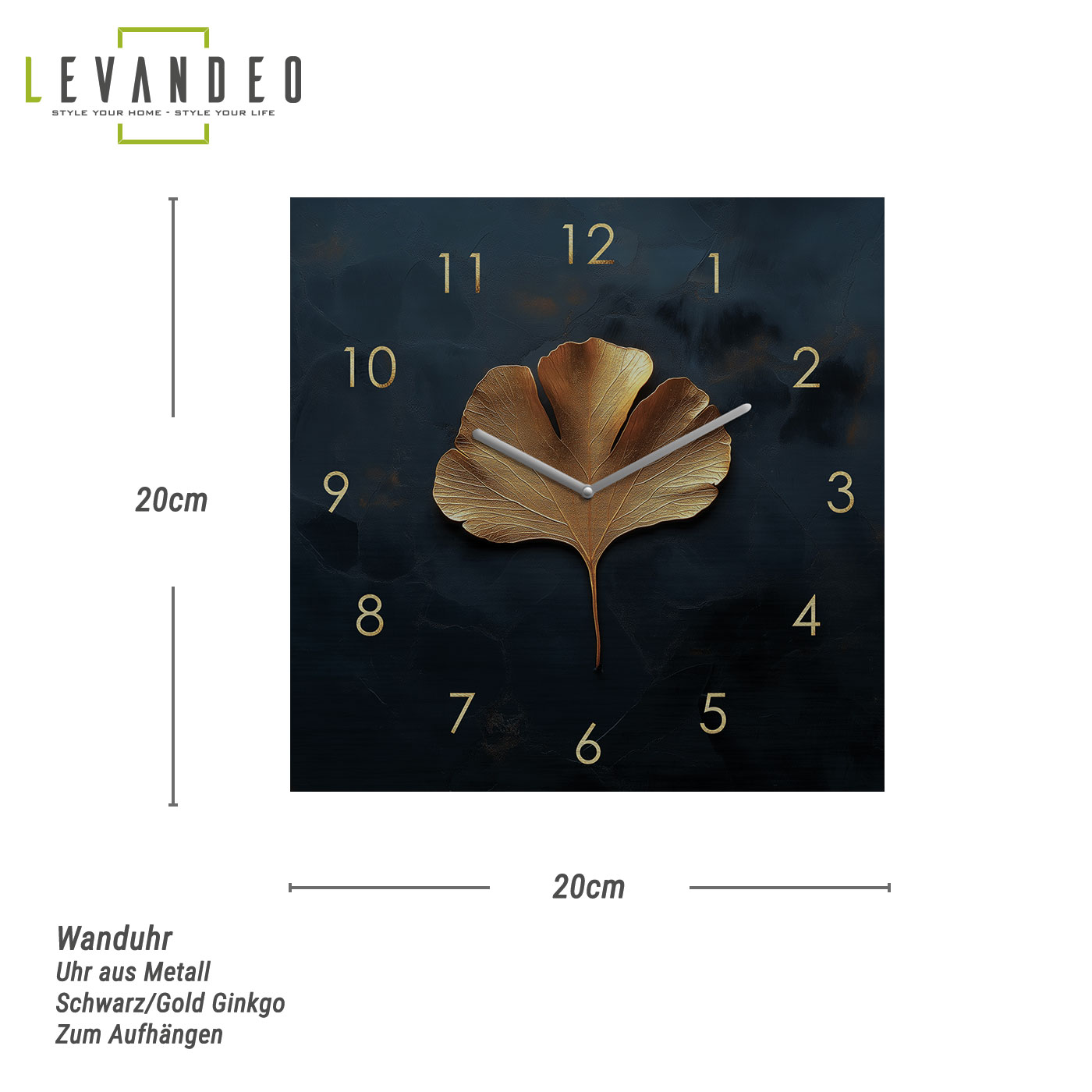 Wanduhr Metall 20x20cm Schwarz Gold Wanddeko Ginkgo Blatt Edel Design Metalluhr