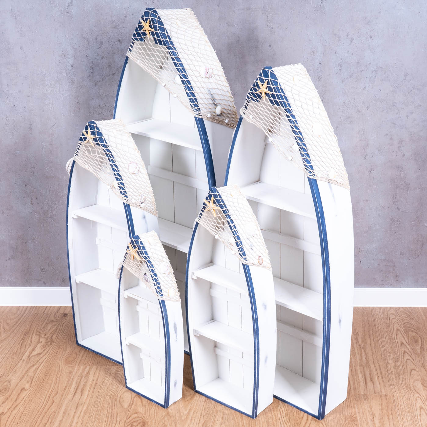 5er Set Regale H48-102cm Boot Holz Maritim Blau Weiß Holzregal Deko Standregal