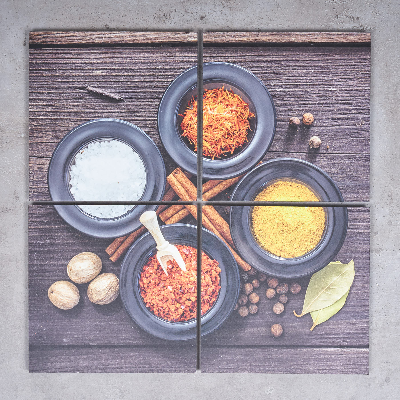 4er Set Wandbild 60x60cm Aluminium Dibond Gewürze Schüsseln Küche Deko Wanddeko
