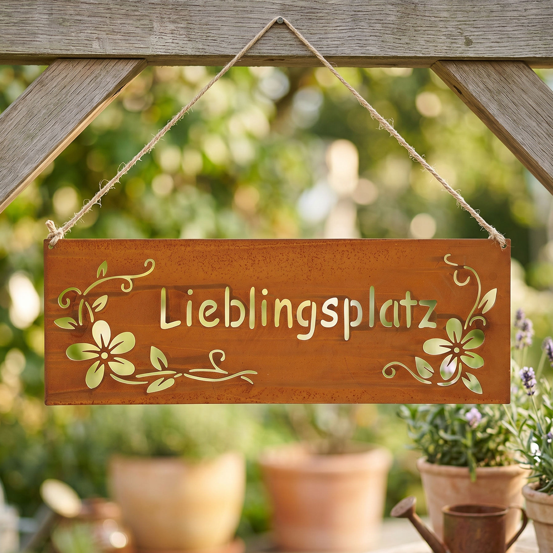 Schild Lieblingsplatz 25x9cm Außen Gartendeko Rost Braun Blumen Metall Türschild