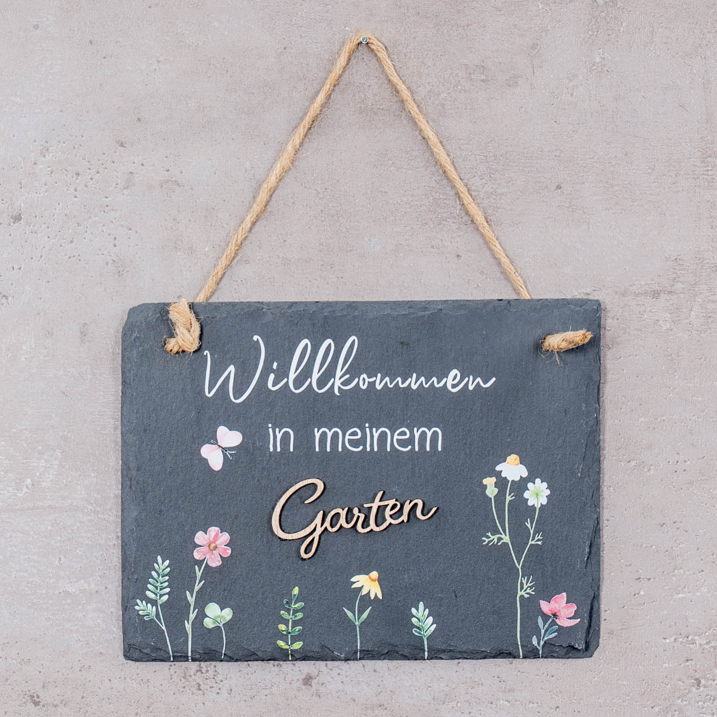 Schiefertafel Garten 20x15cm Willkommen Gartendeko Garten-Schild Wandbild Schwarz
