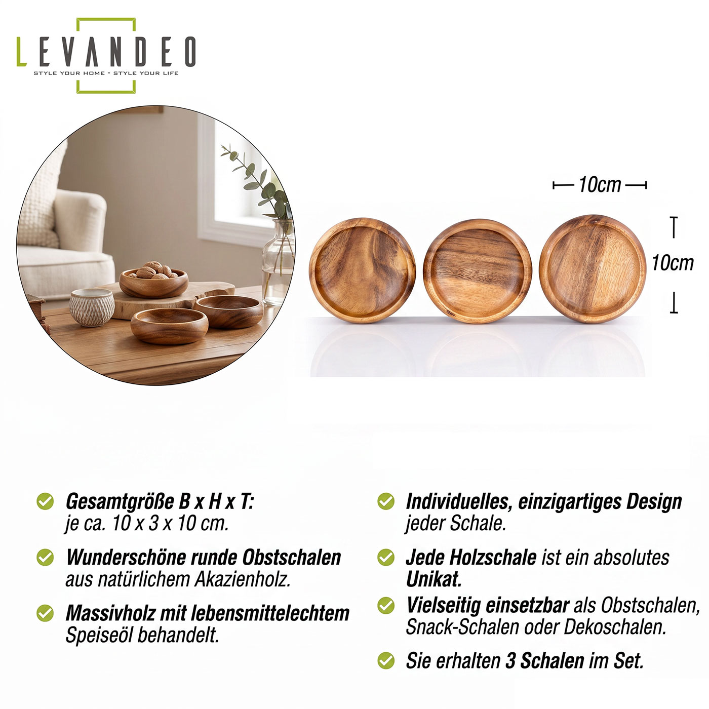 3er Set Snackschale Holz Akazie Ø10cm Design Dip Schale Obstschale Dekoschale
