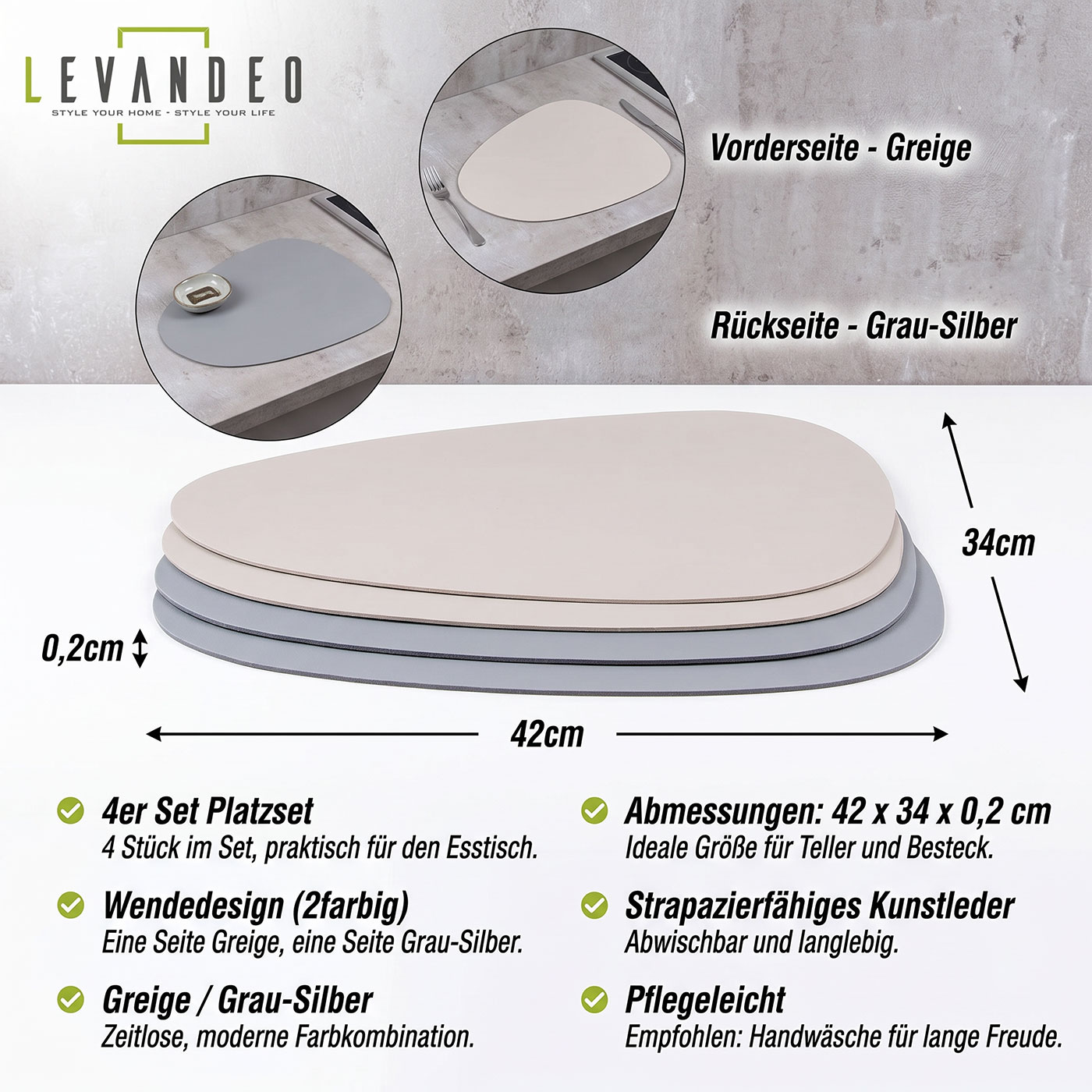 4er Set Tischsets 42x34cm Grau Silber Platzsets Abwaschbar Lederoptik Wendefunktion