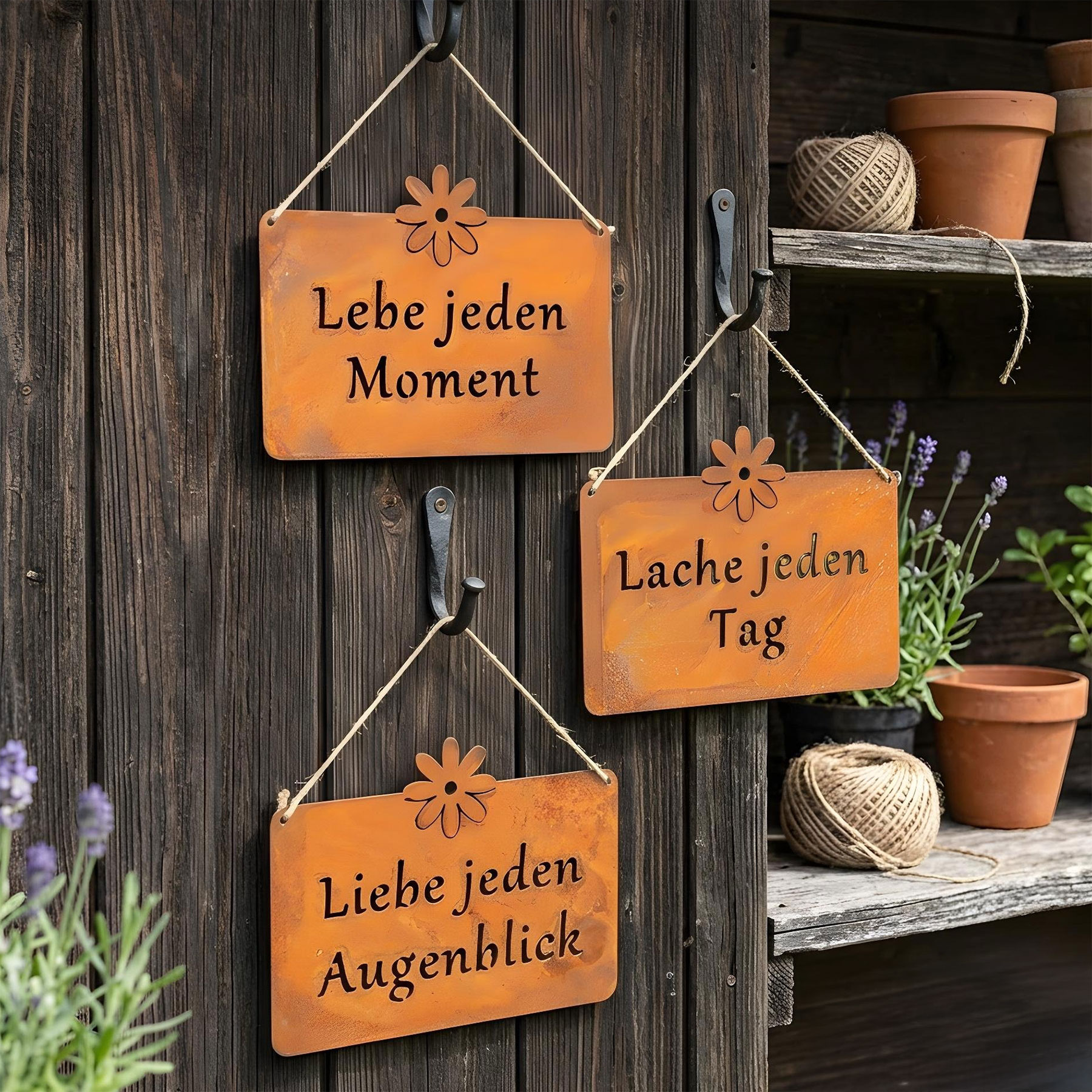 3er Set Wandbilder Sprüche 25x19cm Schilder Garten-Deko Türschild Edelrost Braun