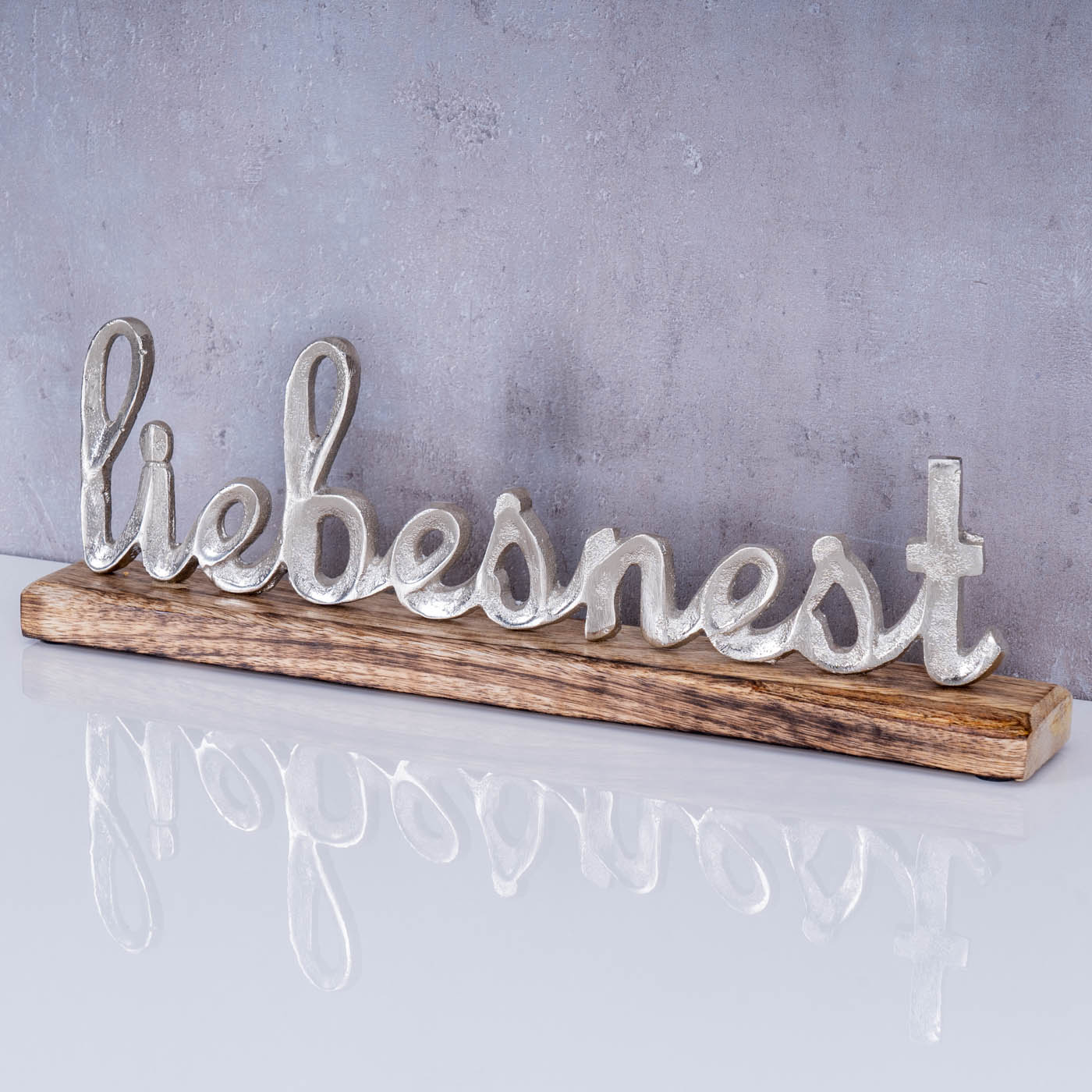 Schriftzug Liebesnest L40cm Metall Silber Mango Holz Tischdeko Deko Aufsteller