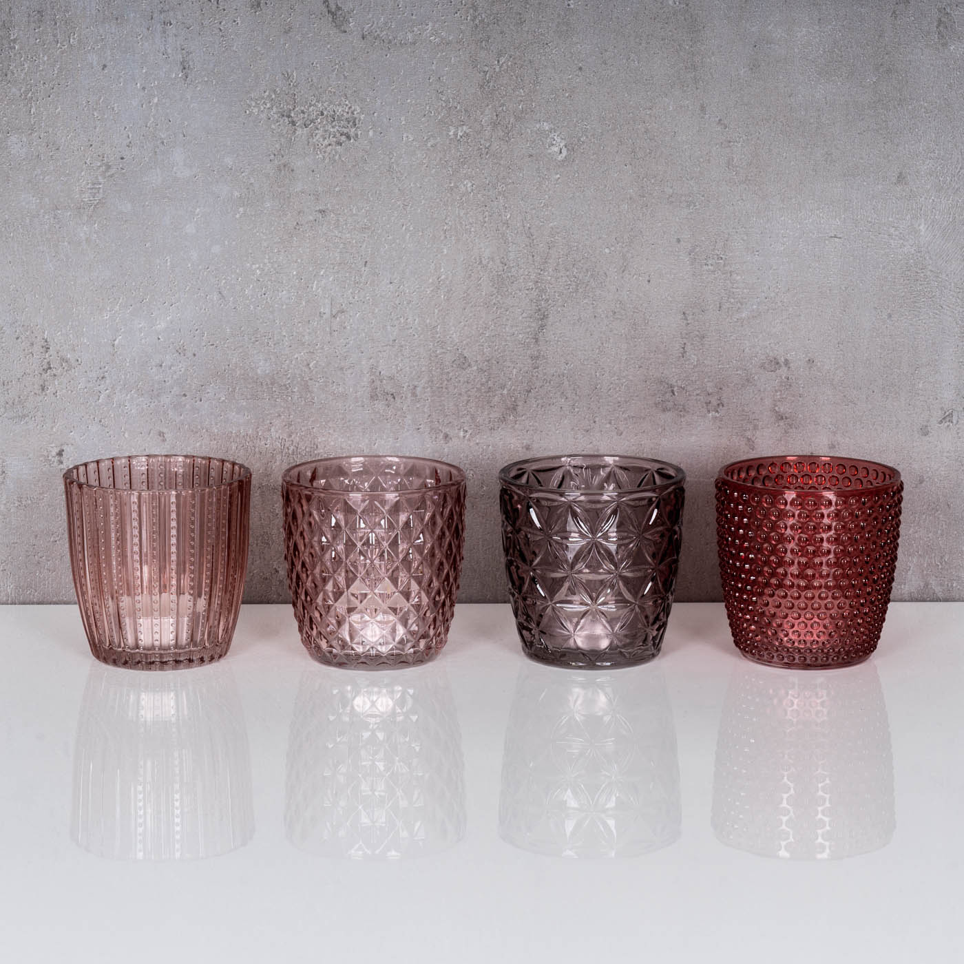 4er Set Windlicht H7,5cm Glas Rosa Rot Teelichthalter Tischdeko Kerzen Retro Deko