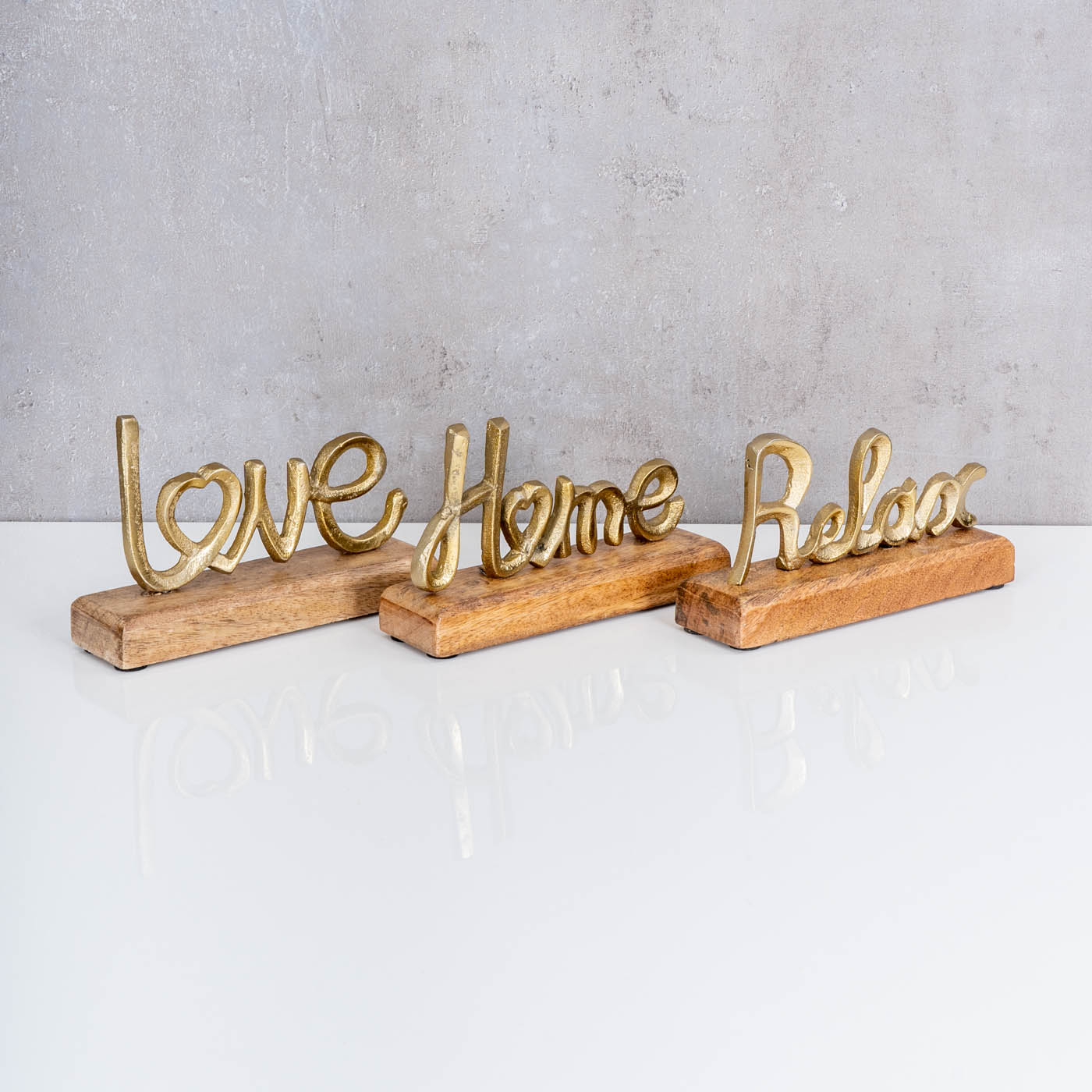 3er Set Schriftzug Love Home Relax Gold Mango Holz Metall Aufsteller Deko