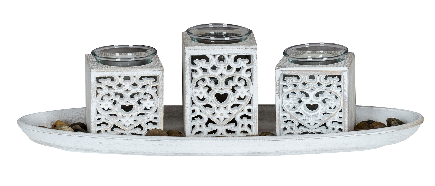 Teelichthalter Set B39cm Holztablett Herz Ornament Weiß Grau Shabby Chic Vintage
