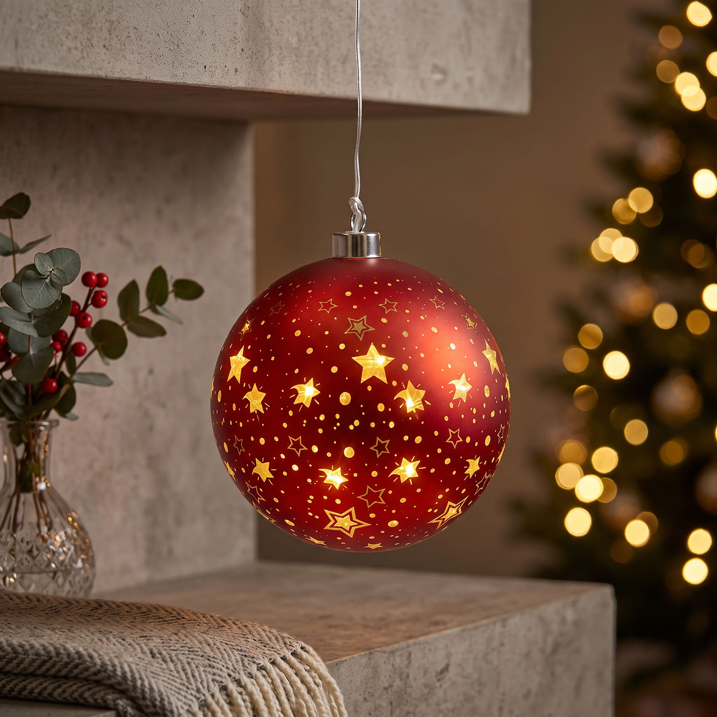 LED Deko Kugel 15cm Rot Gold Weihnachten Sterne Weihnachtskugel Hängedeko