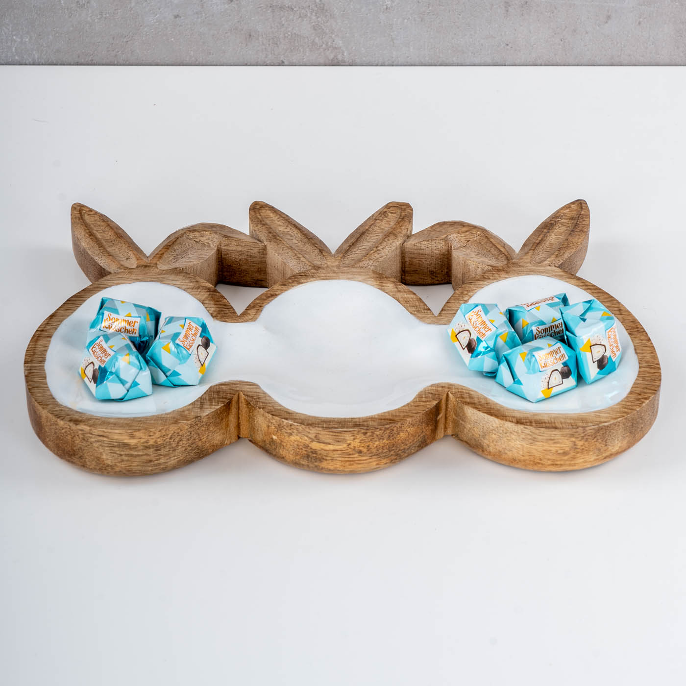 Deko Schale L26cm Ostereier Hasenohren Mangoholz Natur Weiß Osterdeko Tischdeko
