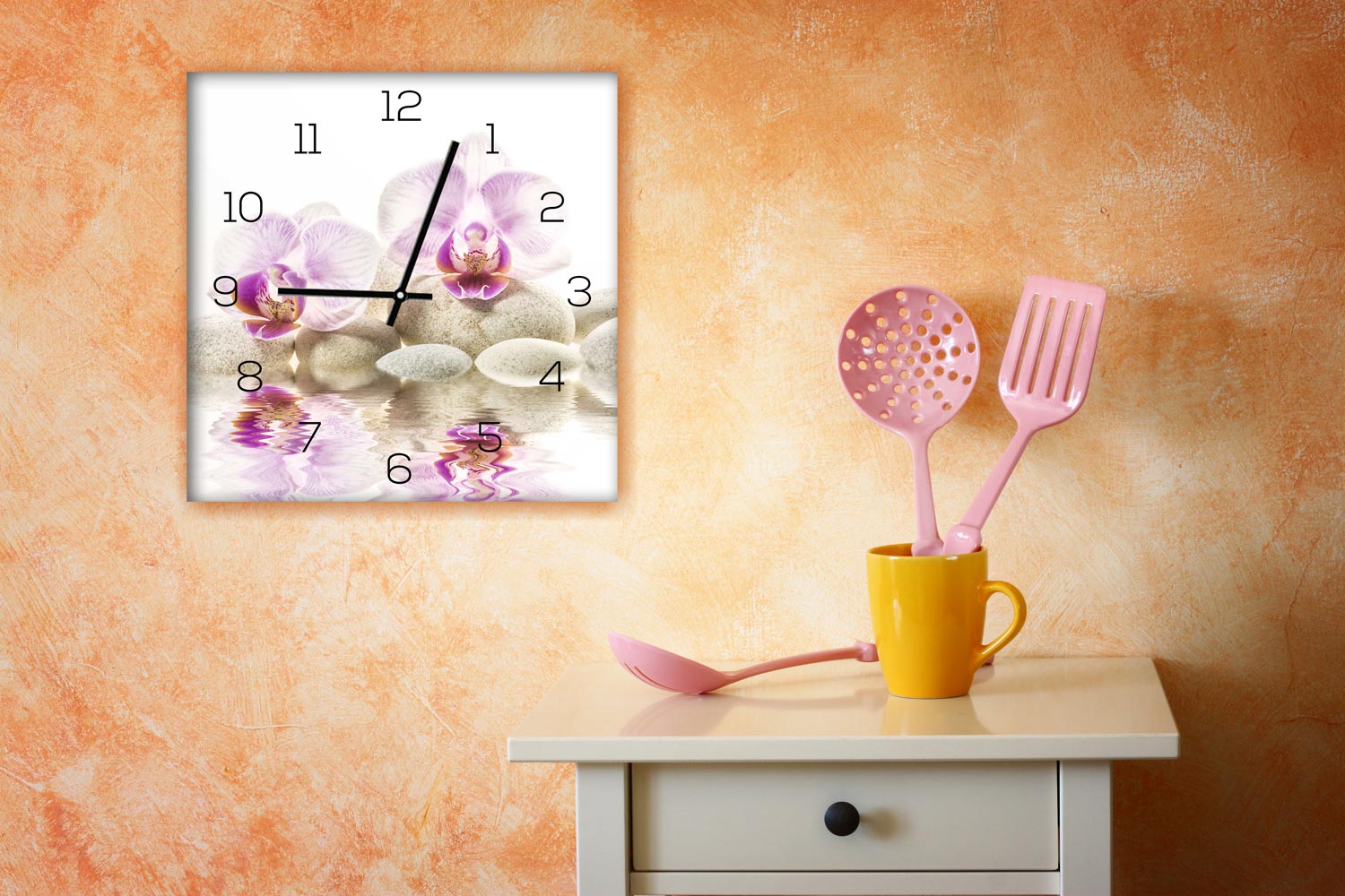 Wanduhr aus Glas 30x30cm Uhr als Glasbild Rosa Orchidee FengShui