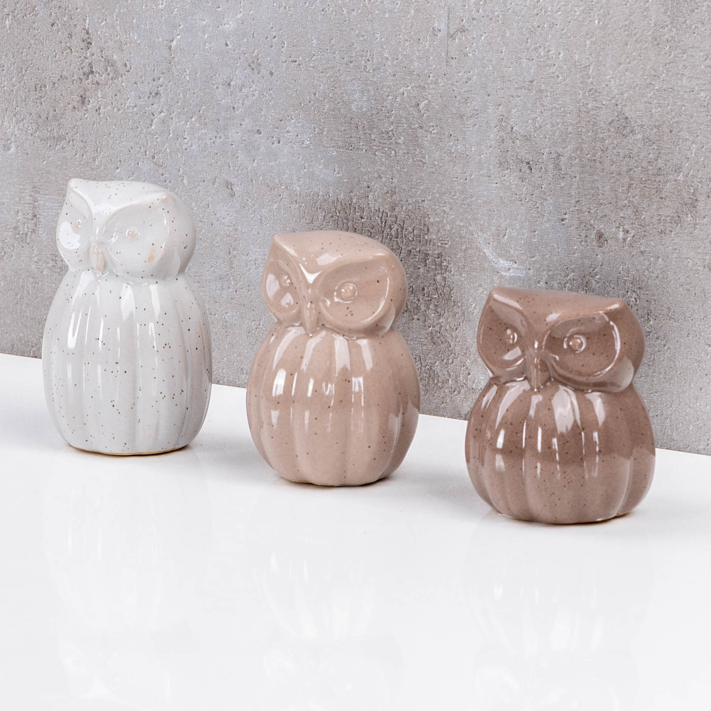 3er Set Eulen Porzellan Figur Braun Grau Taupe Dekofigur Tischdeko Wohndeko Deko