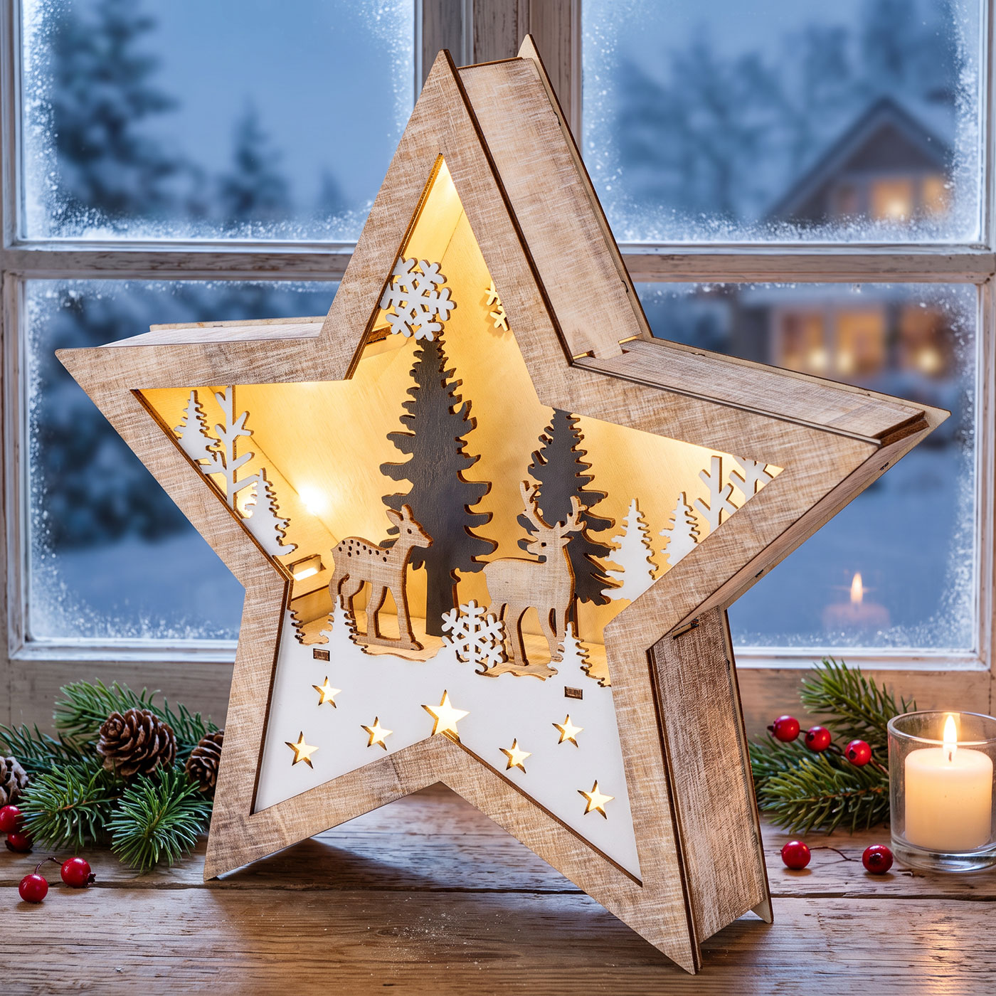LED Stern Holz 25x25cm Deko Leuchte Weihnachten Tischdeko Weihnachtsstern Lampe