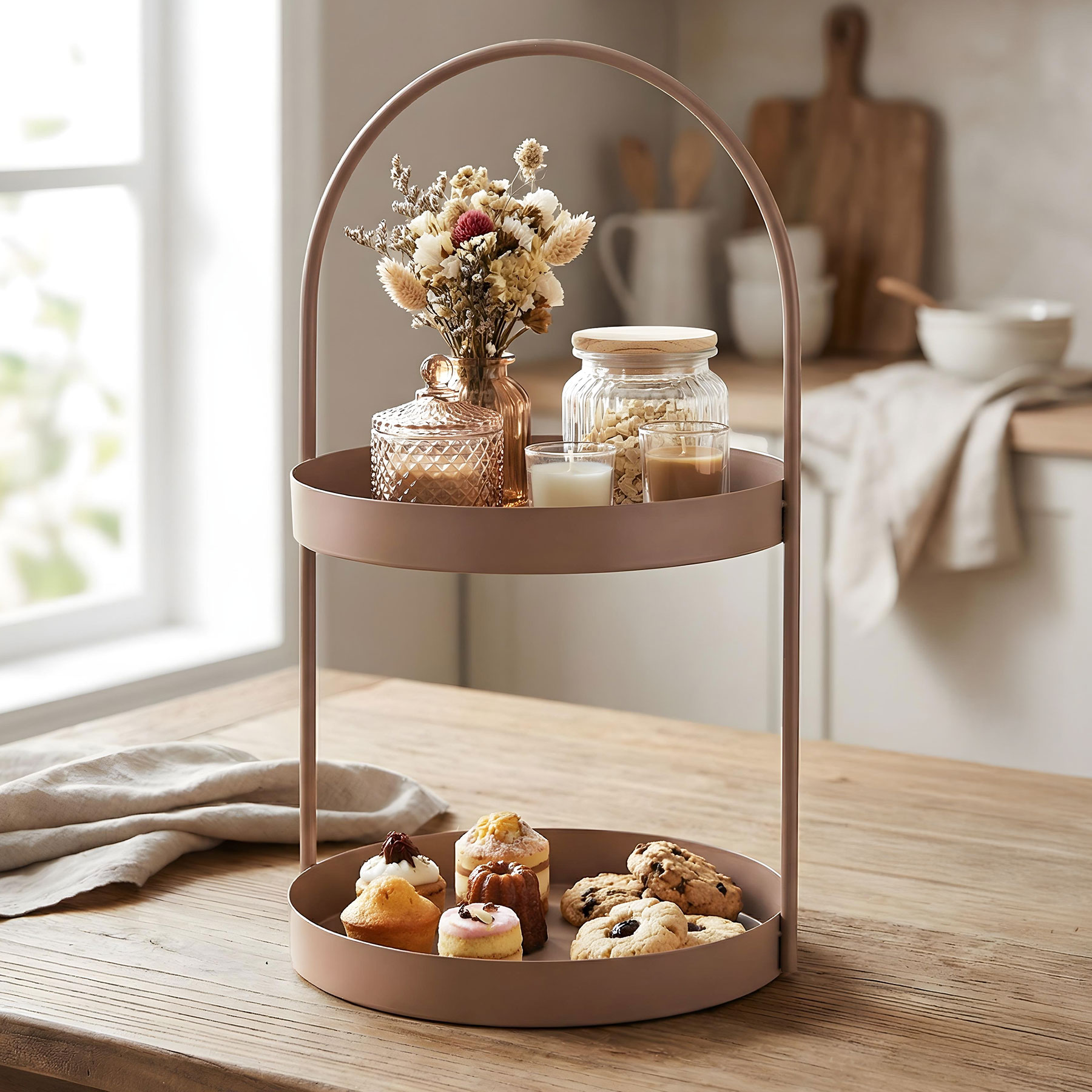 Etagere Metall 2 Etagen H45cm Beige Braun Matt Servierplatte Servierständer Deko
