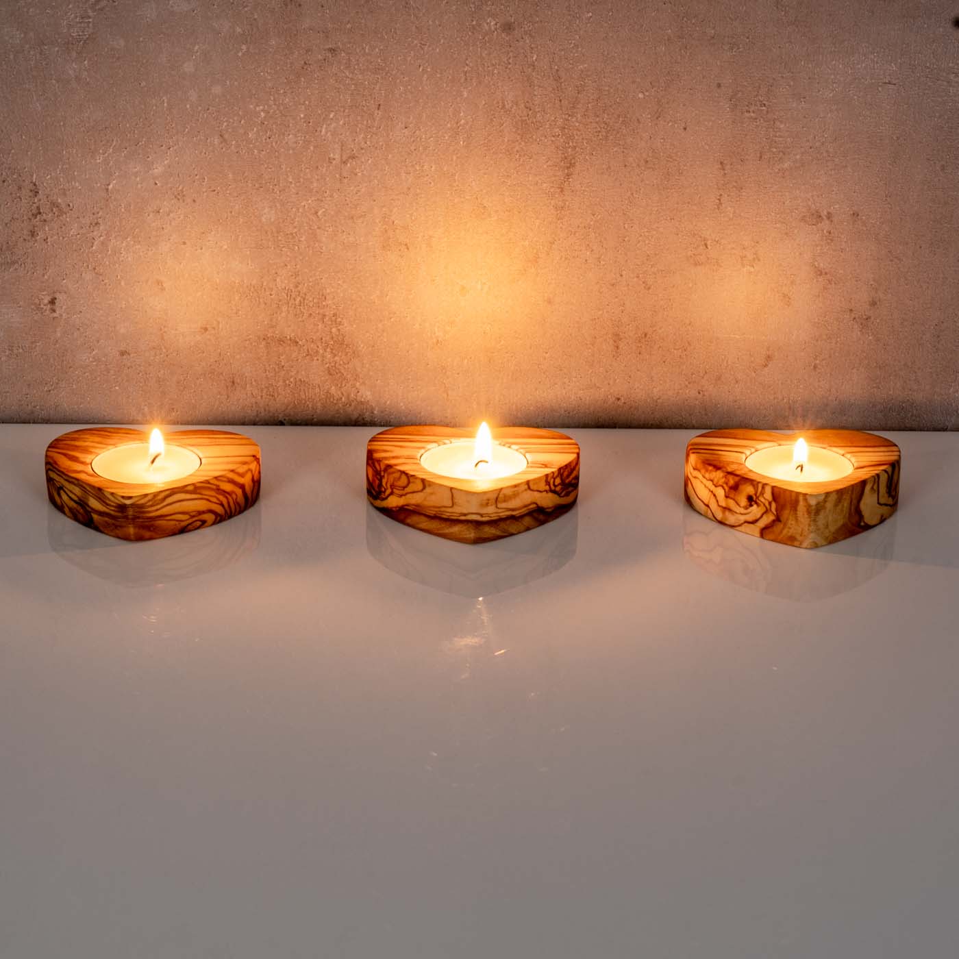 3er Set Teelichthalter Olivenholz Herz Natur Kerzenhalter Holz Tischdeko Unikat