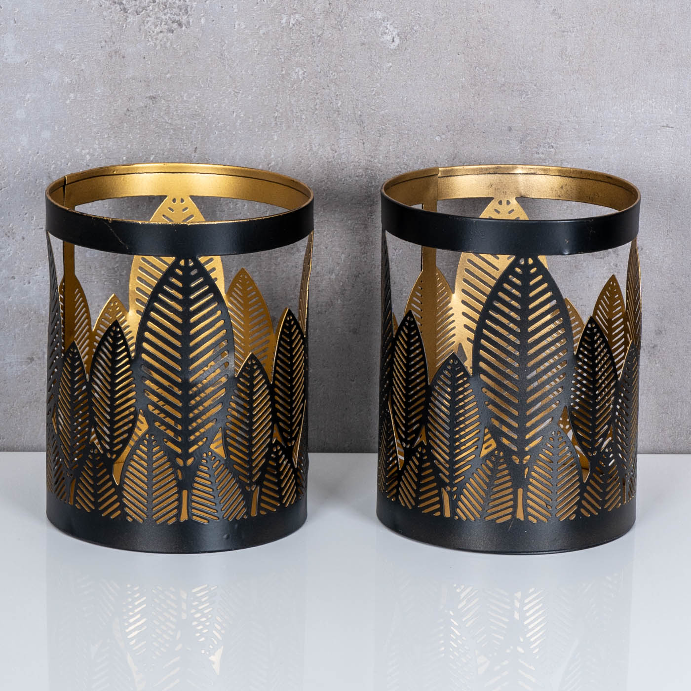 2er Set Windlicht 10x13cm Schwarz Gold Metall Teelichthalter Blattdekor Tischdeko