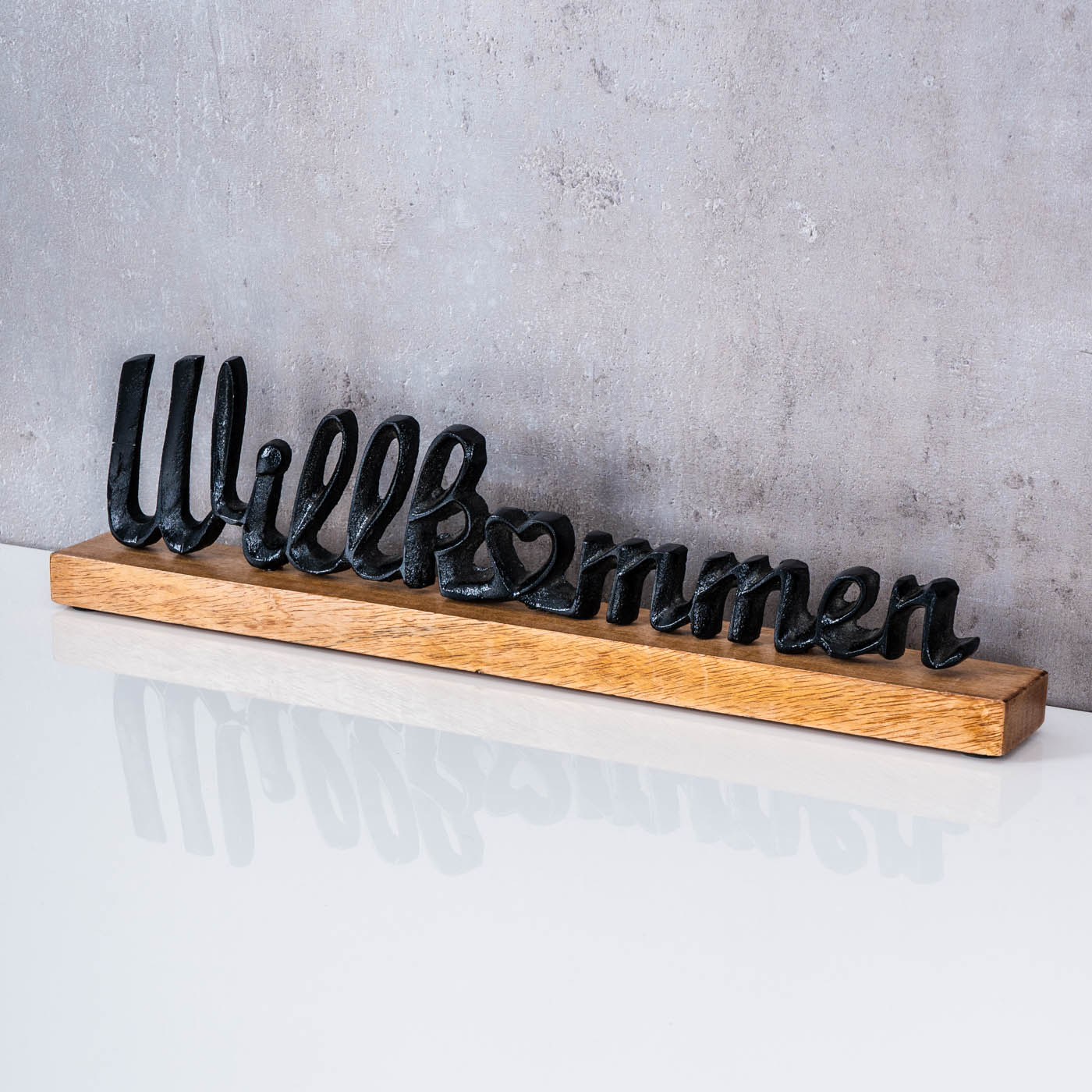 Schriftzug Willkommen L45cm Metall Schwarz Mango Holz Tischdeko Deko Aufsteller