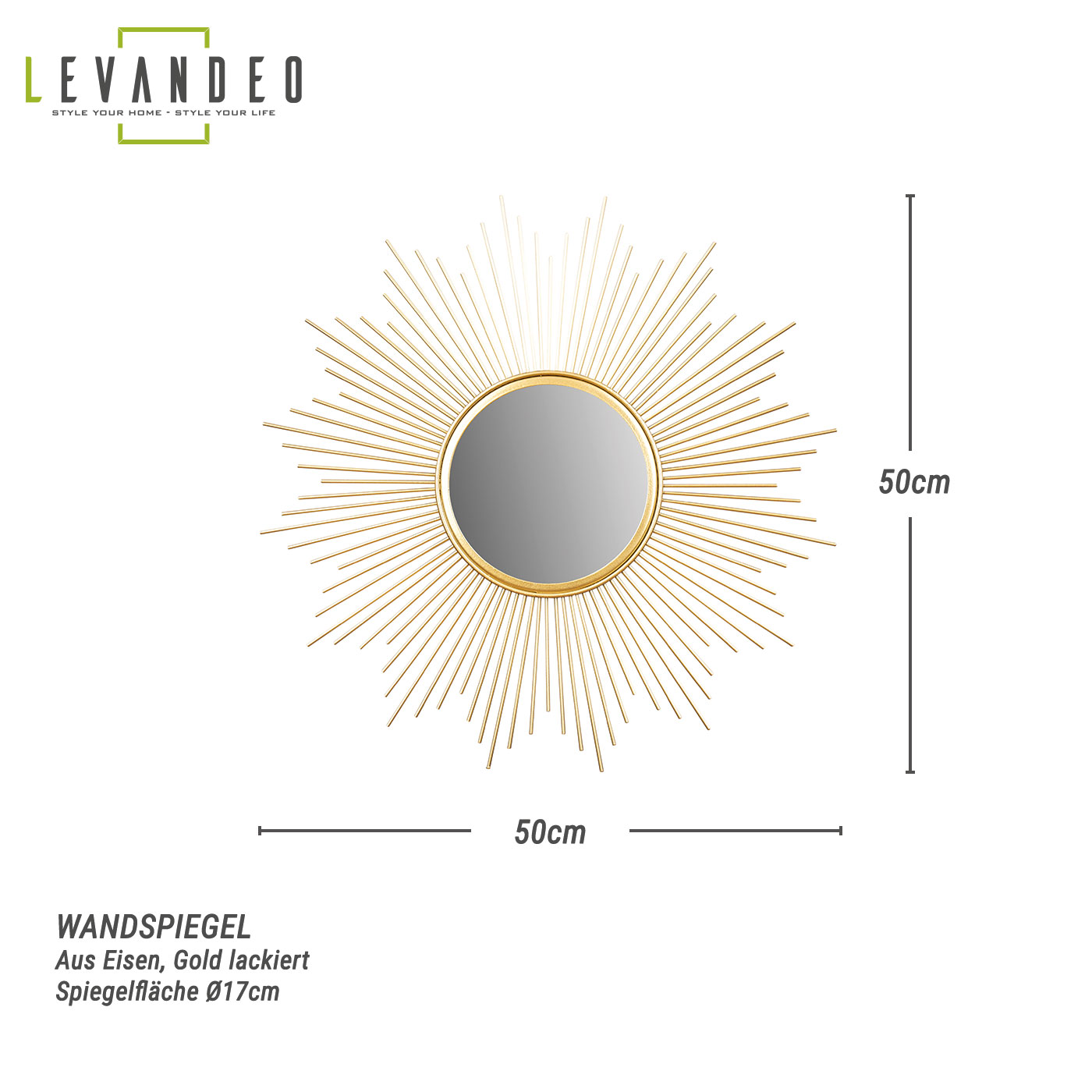 Sonnenspiegel Gold Ø 50cm Metall Deko Goldene Sonne Spiegel Wandspiegel Boho