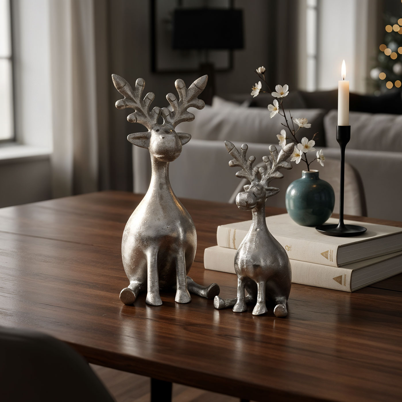 2er Set Rentiere Metall Silber Hirsche Deko Tischdeko Weihnachtsdeko Aufsteller