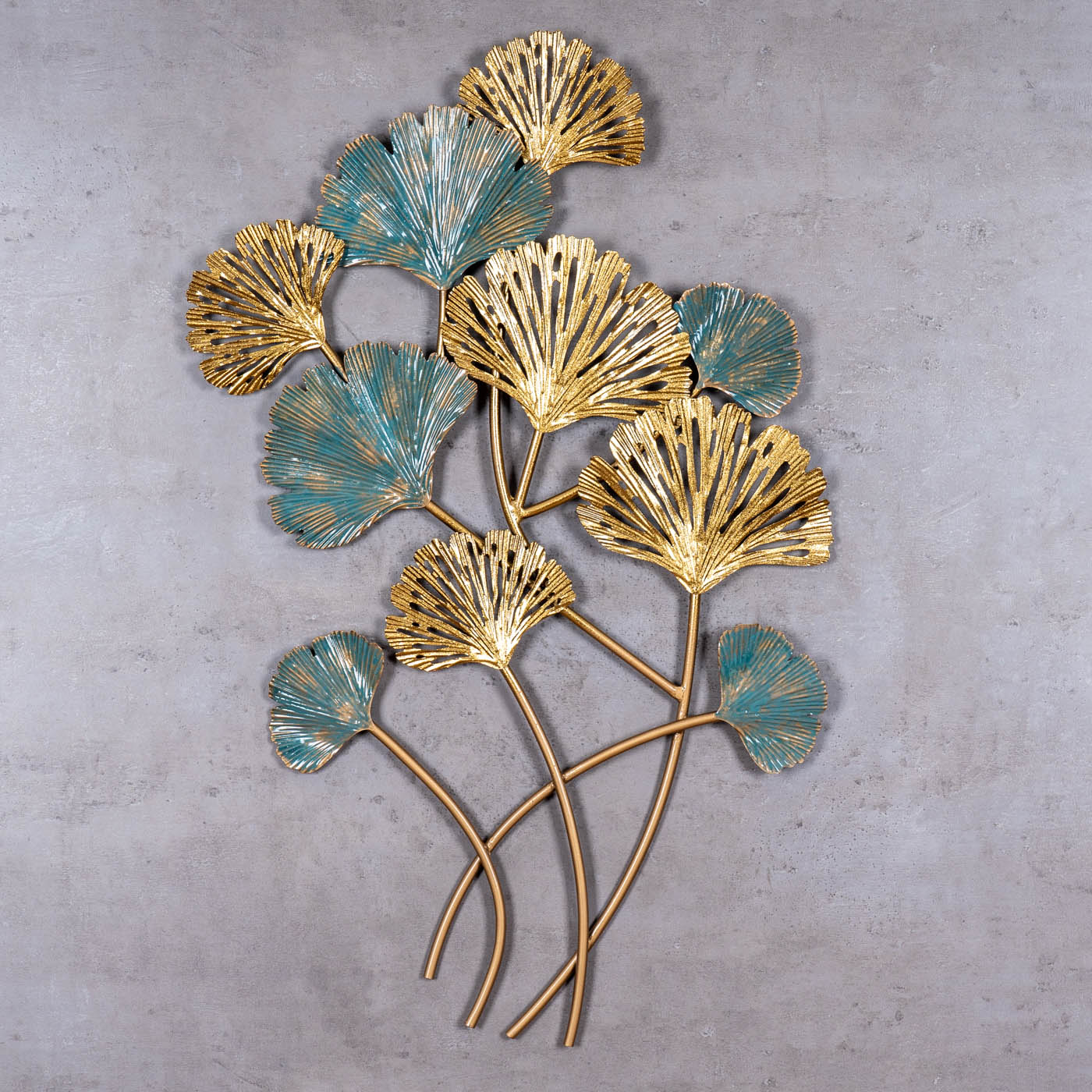 Wandbild 48x76cm Gold Blau Ginkgo Metall-Bild Wand-Deko Wandhänger Wandobjekt