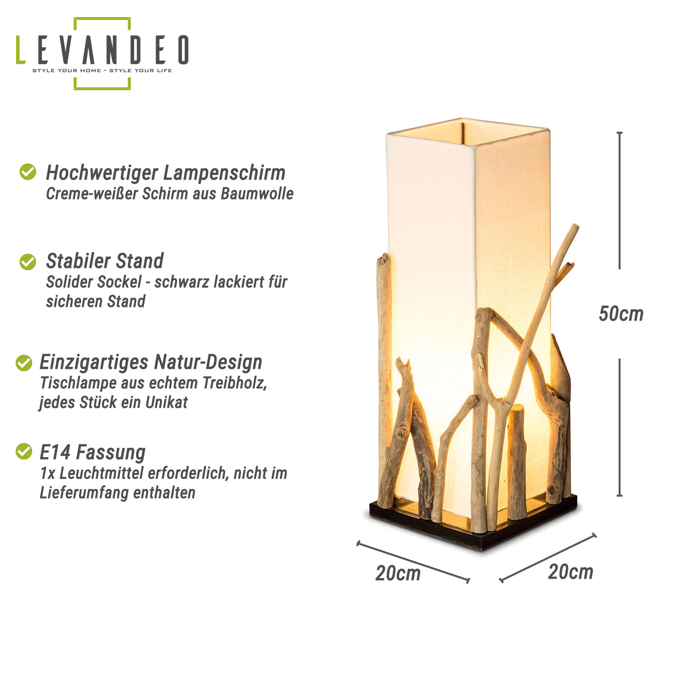 levandeo Lampe Tischlampe H50cm Treibholz Holzlampe Design Tischleuchte Tischdeko
