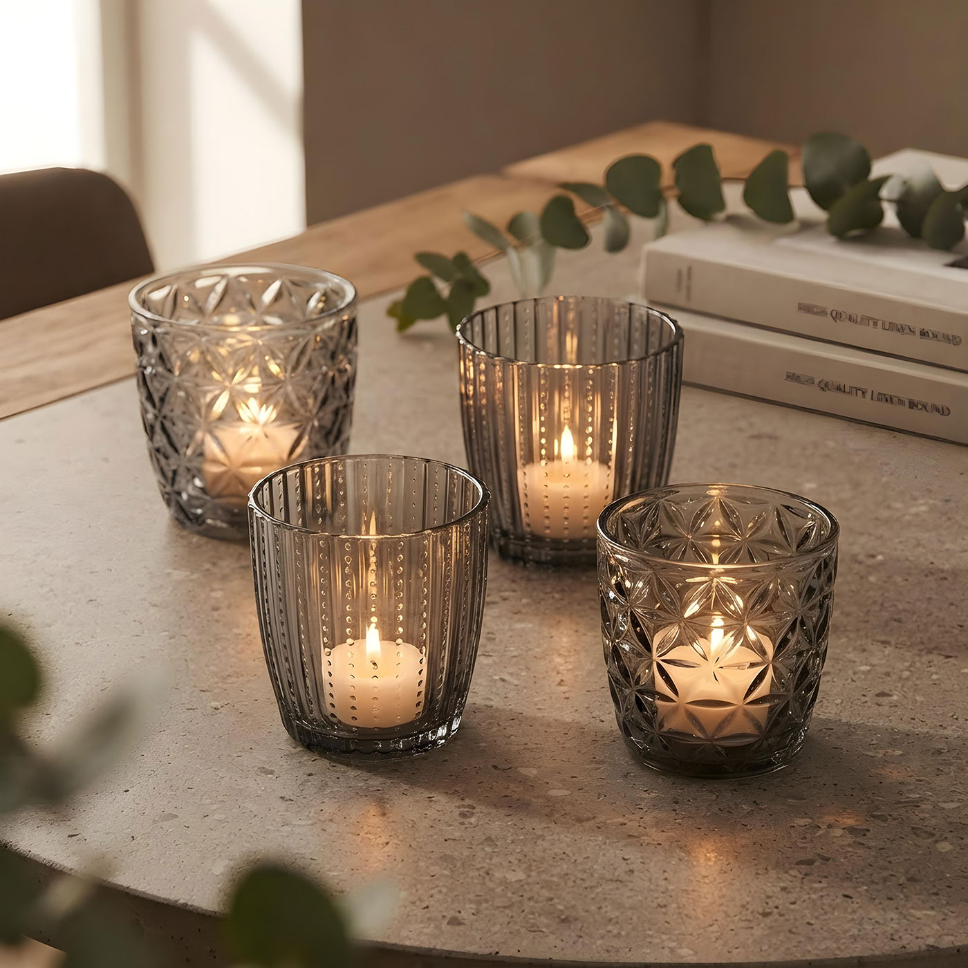 8er Set Windlicht H7,5cm Glas Grau Teelichthalter Tischdeko Kerzen Retro Deko