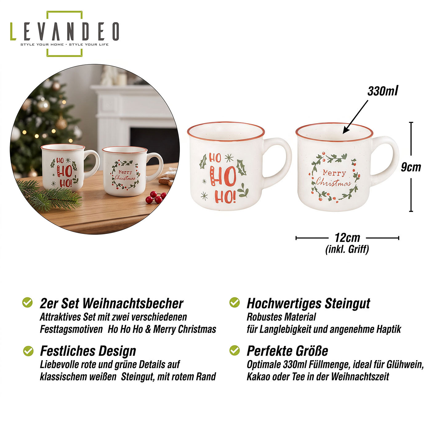 2er Set Tassen Weihnachten HoHoHo 330ml Steingut Kaffeetasse Rot Grün Becher