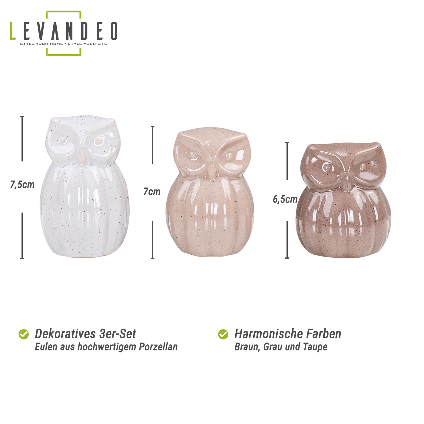 3er Set Eulen Porzellan Figur Braun Grau Taupe Dekofigur Tischdeko Wohndeko Deko