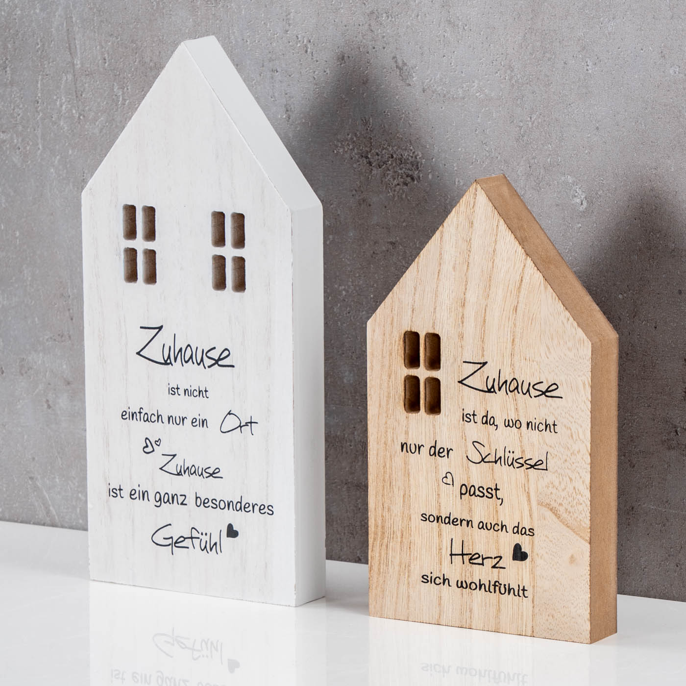 2er Set Deko Häuser Aufsteller Zuhause Spruch MDF Holz Tischdeko Natur Geschenk