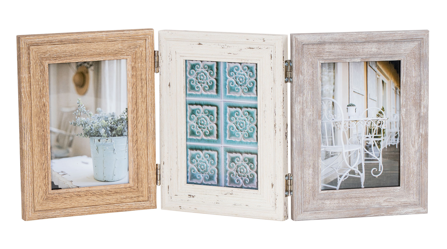 Fotoaufsteller 3 Fotos 10x15 MDF Holz Natur Shabby Chic Vintage Bilderrahmen