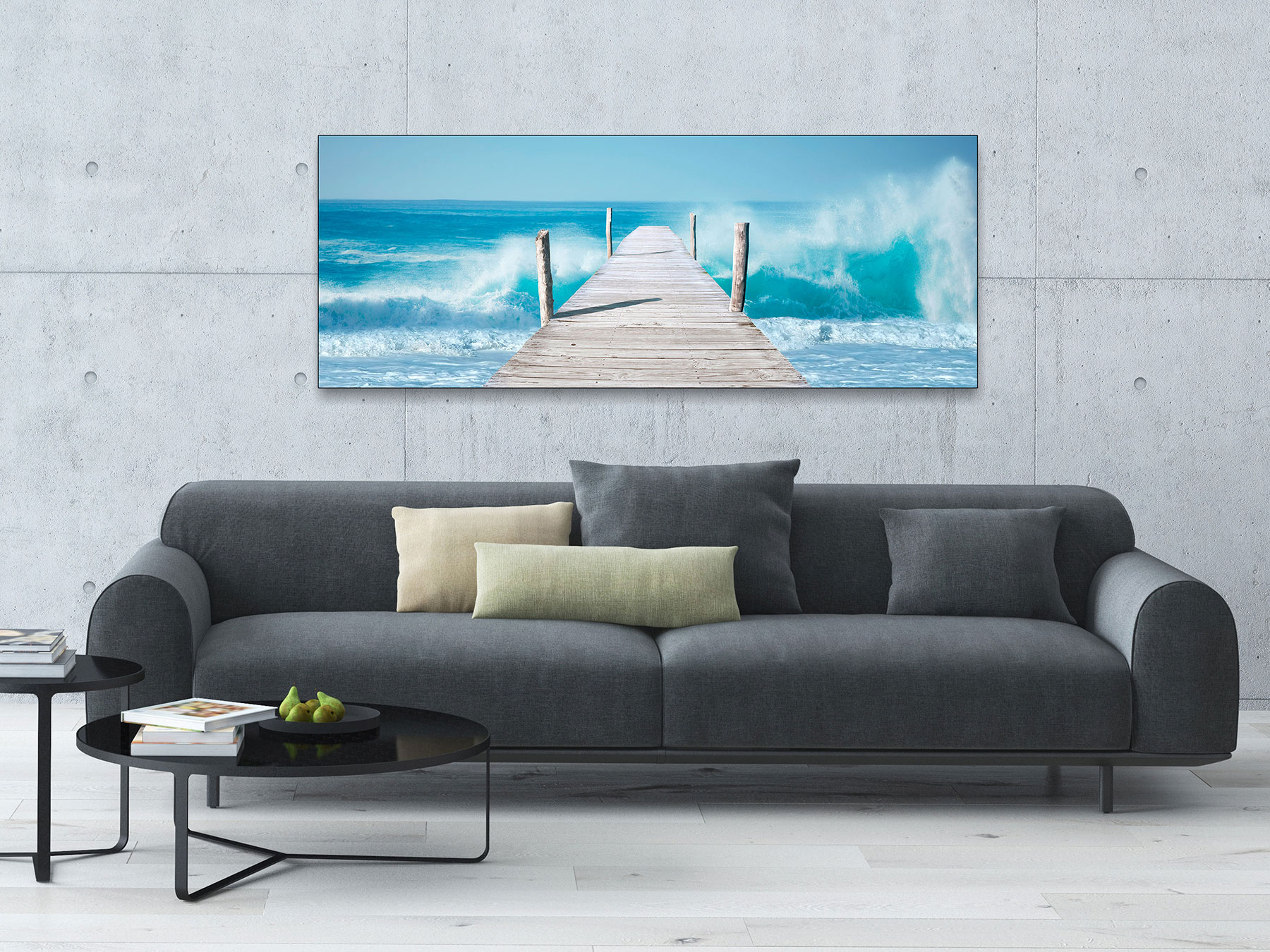 Glasbild 80x30cm Wandbild Glas Waves Steg Strand Urlaub Deko Wanddeko Wohnen