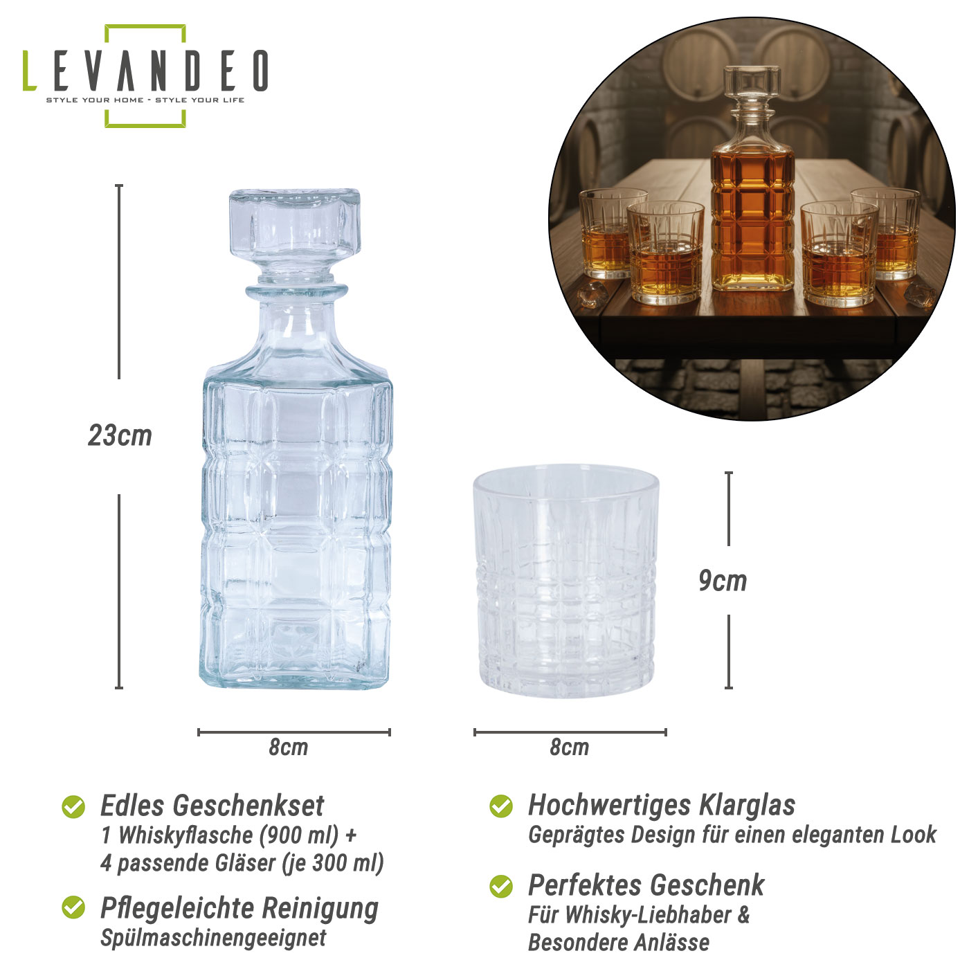 Whisky Karaffe Set 900ml 4 Whiskygläser 300ml Geschenkset Dekanter Glasflasche