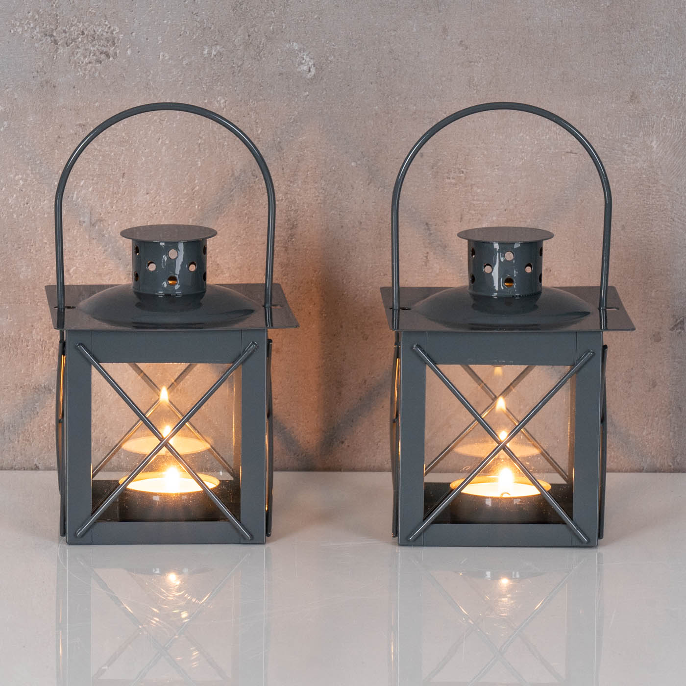 2er Set Windlicht H10cm Laterne Grau Metall Tischdeko Kerze Teelichthalter